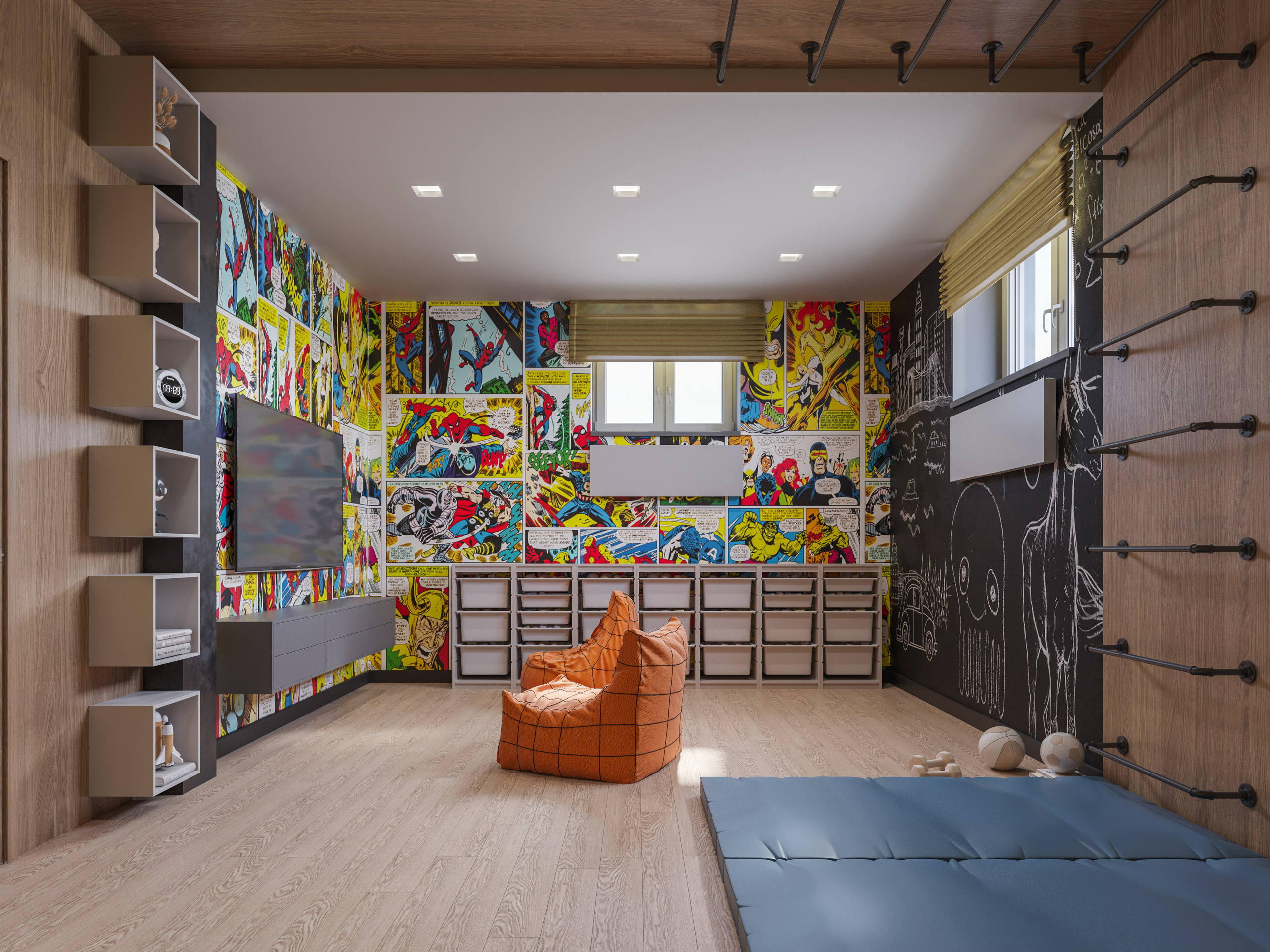 3D рендер игровой комнаты с мягкими модулями, скалодромом и развивающими панелями