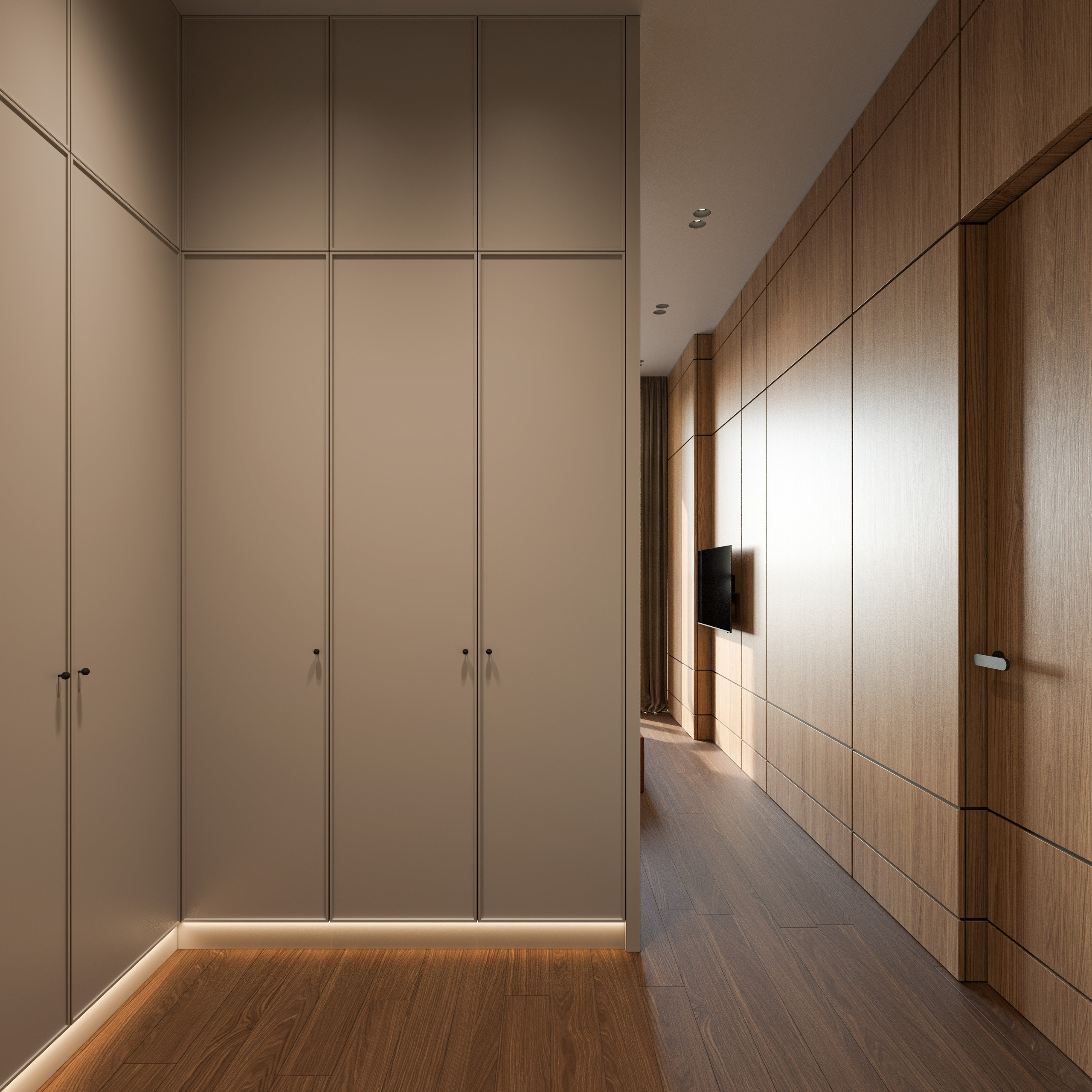 Рендеры гардеробной в помещении спальни с фасадами до потолка