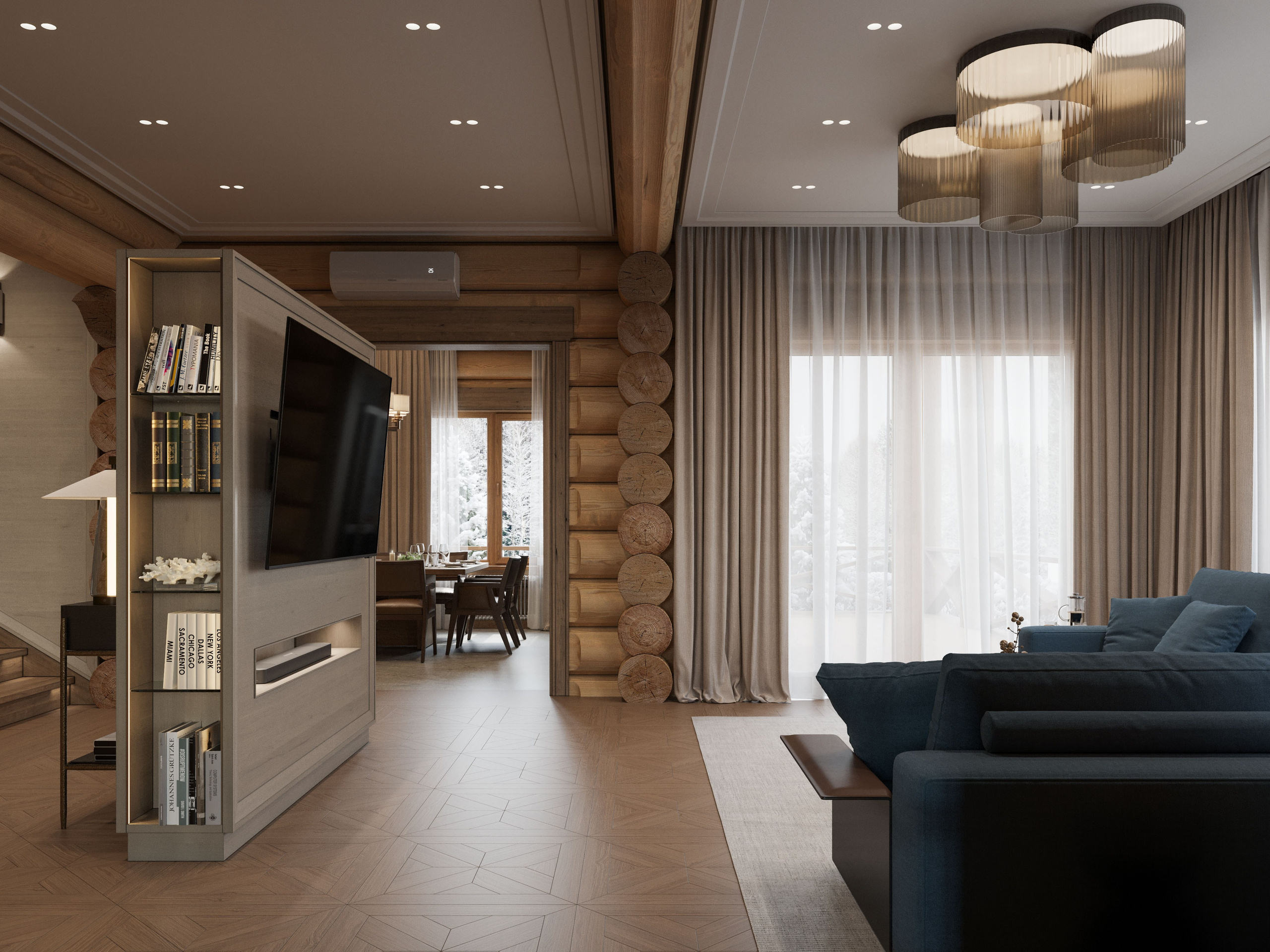 Интерьер загородного дома из натурального бревна с современной мебелью