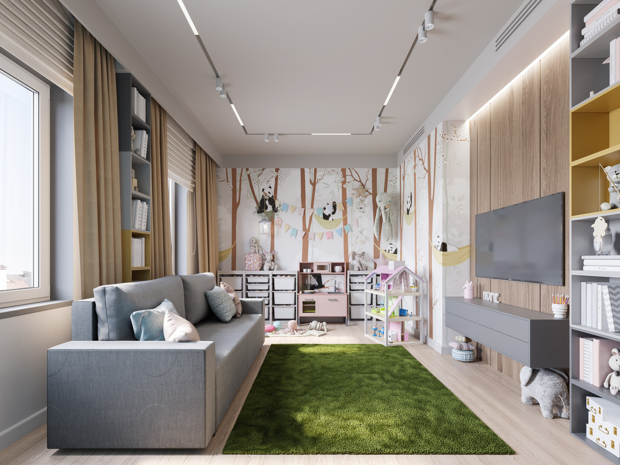 Визуализация детской гостиной с телевизором и зоной для игр