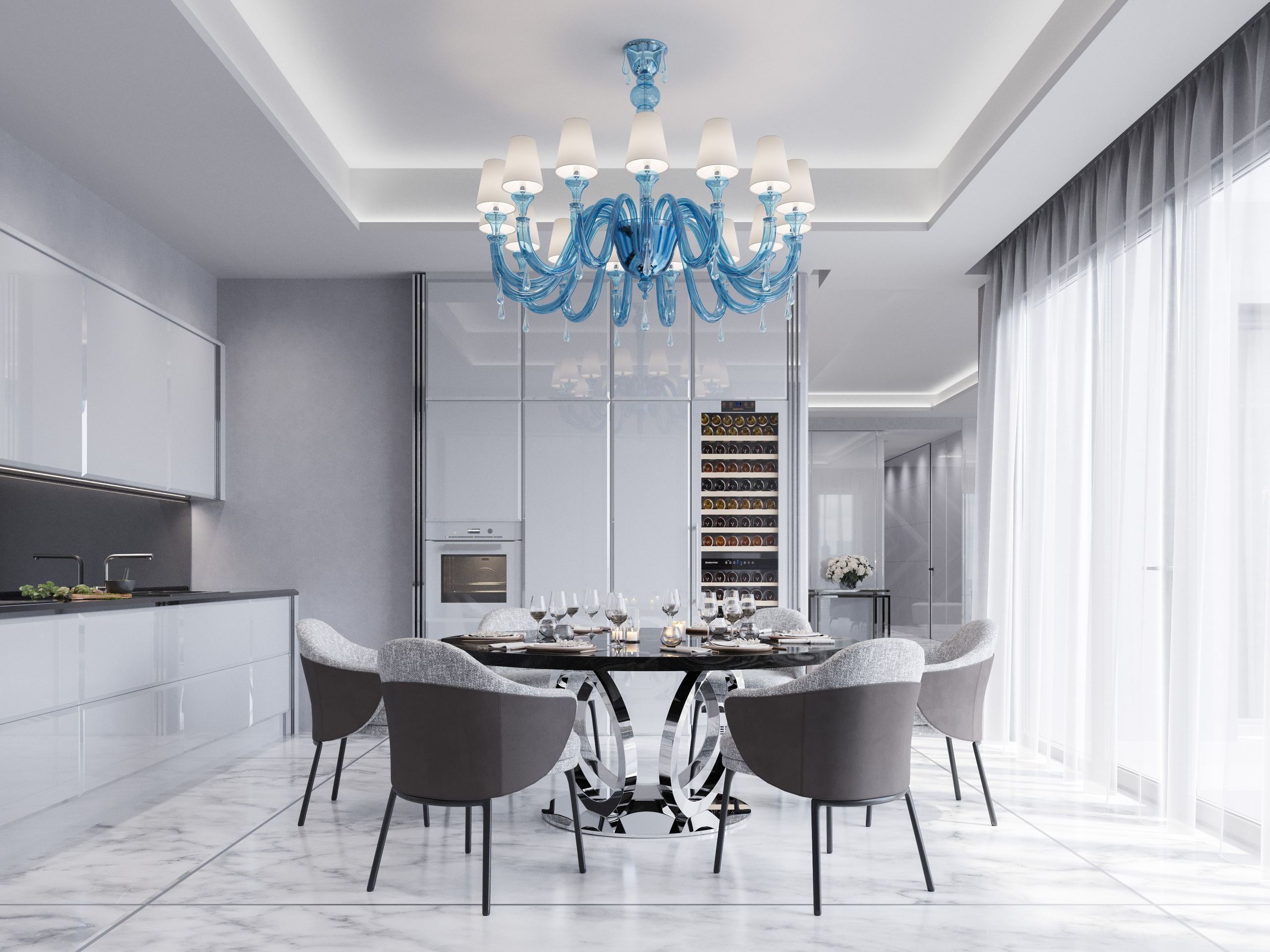 3D визуализация кухни премиум-класса: глянцевые фасады и винный шкаф