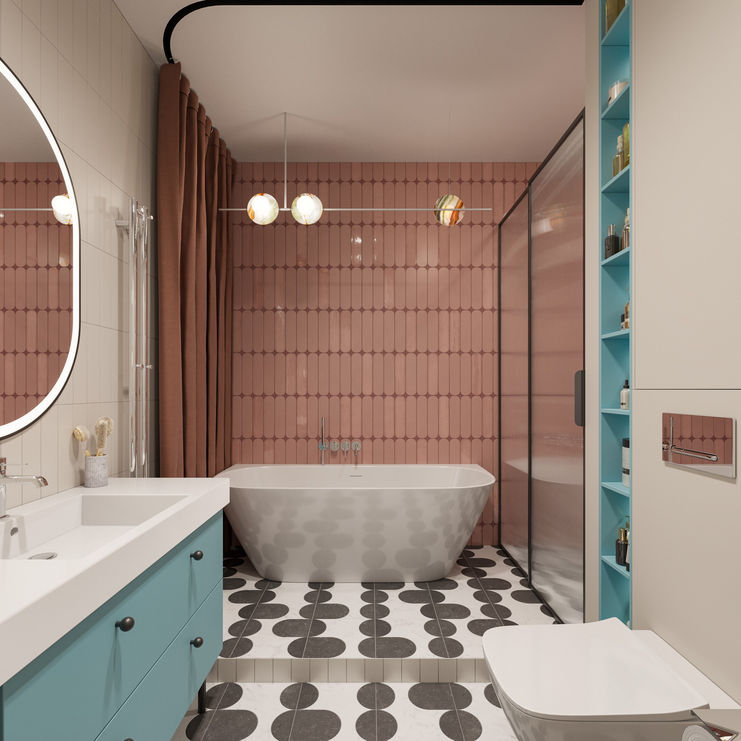 Санузел в стиле современная классика с лососевой мраморной плиткой и хромированной сантехникой