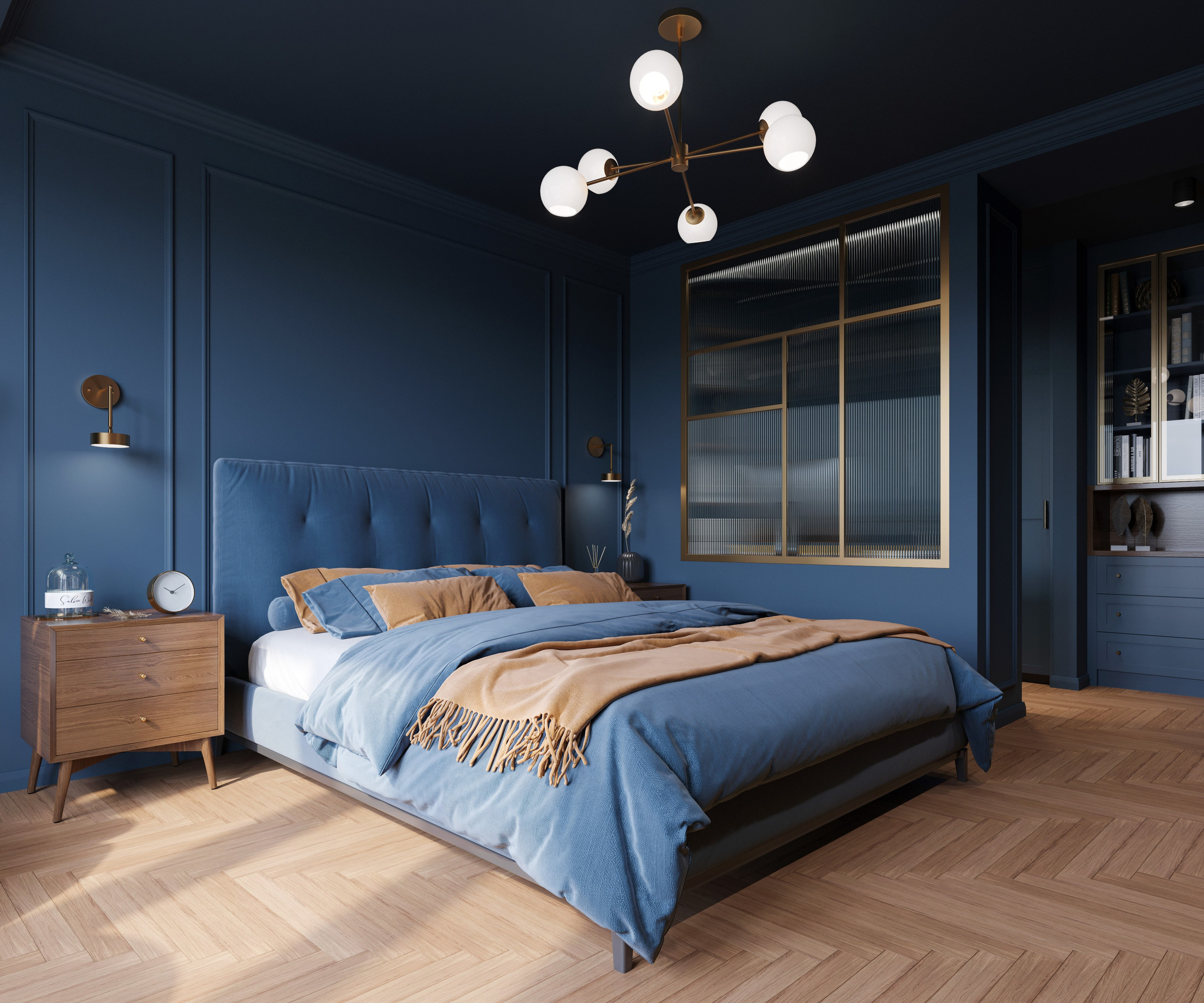 Интерьер спальни: акцентная стена, текстиль и освещение создают спокойную атмосферу.