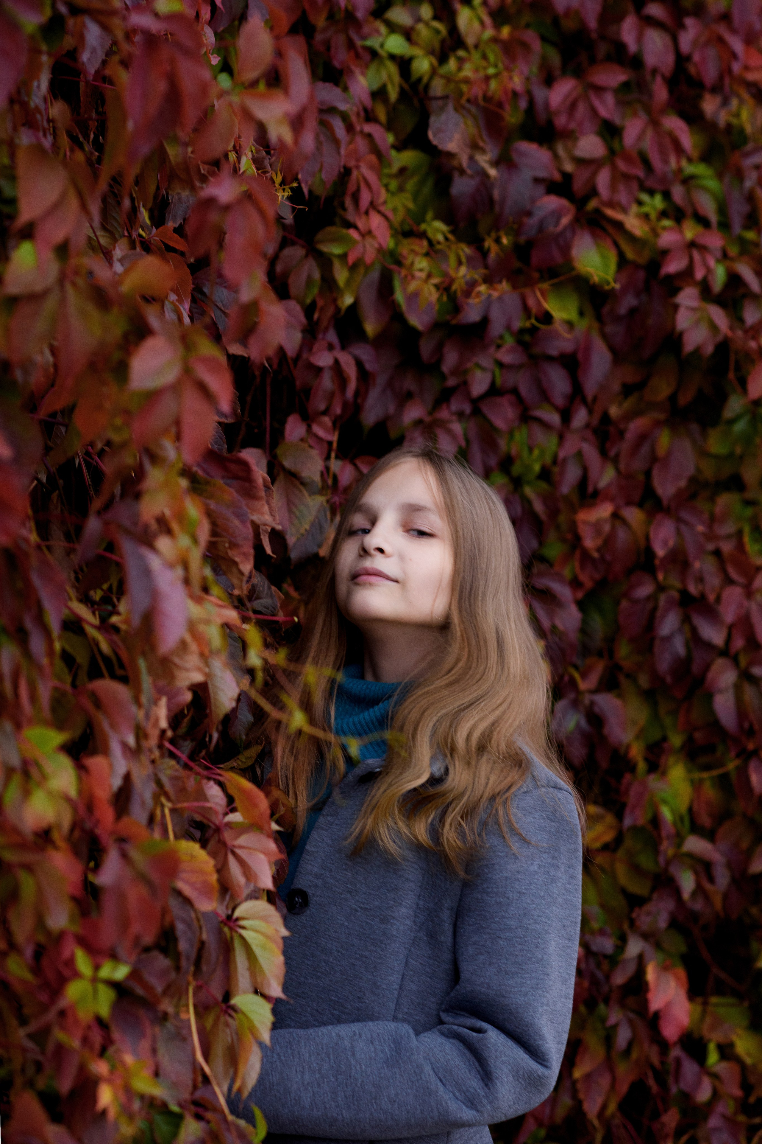 Фотосессия на фоне красного дикого винограда. Главная