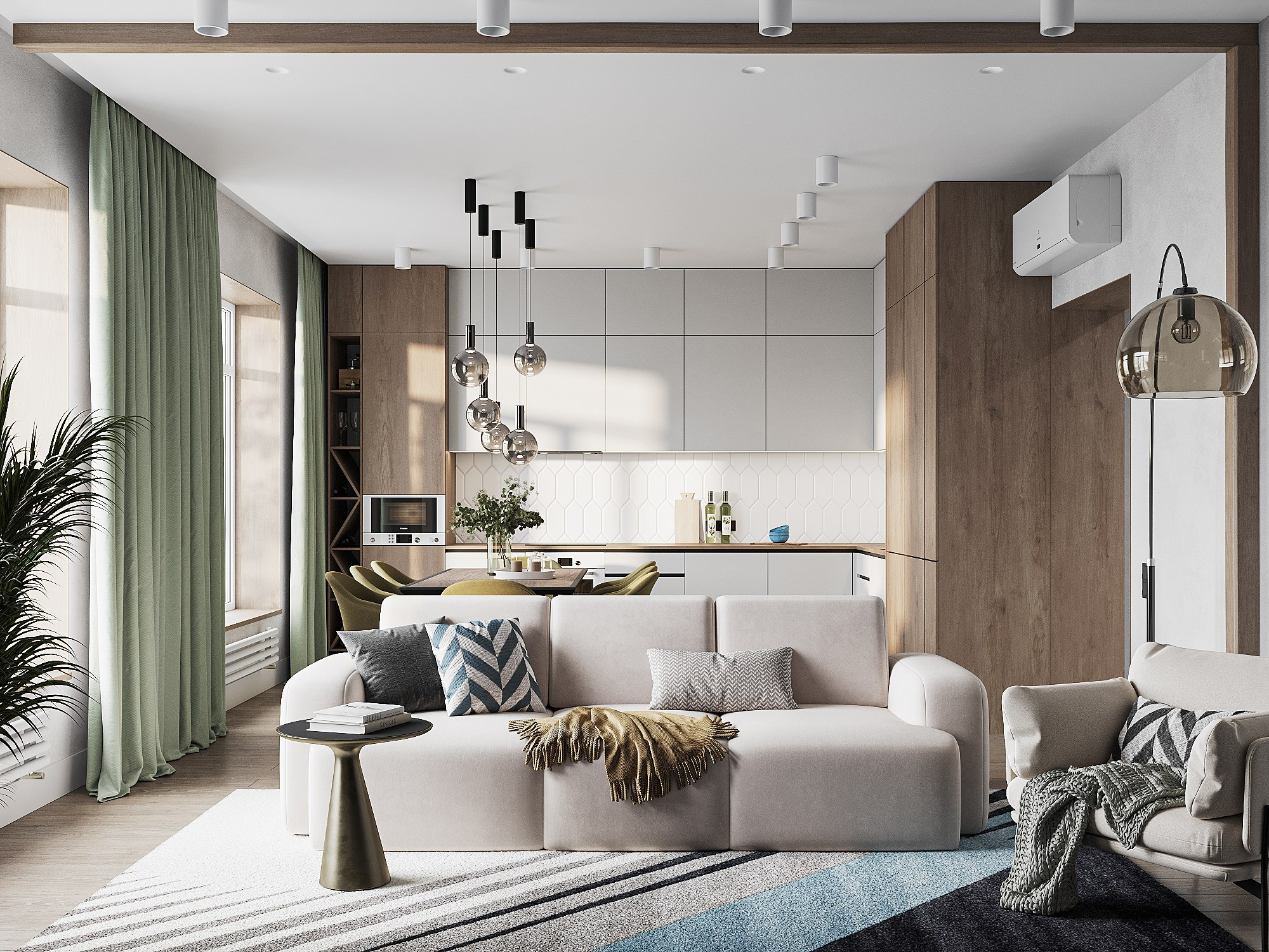 Визуализация гостиной в стиле лофт с большими окнами