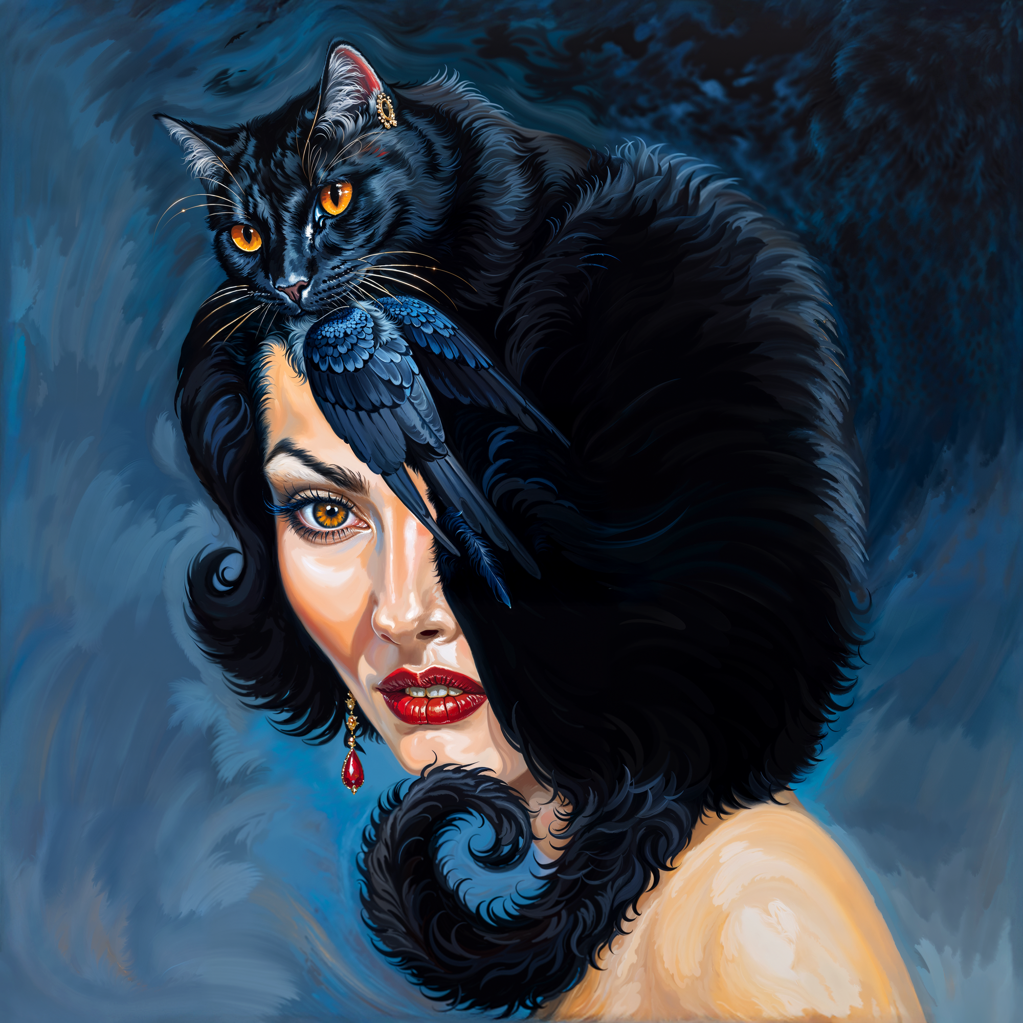 Портрет женщины с кошкой и птицей, встроенными в её волосы, оптическая иллюзия в стиле Артуша Восканяна, адаптация от Olegorizm.