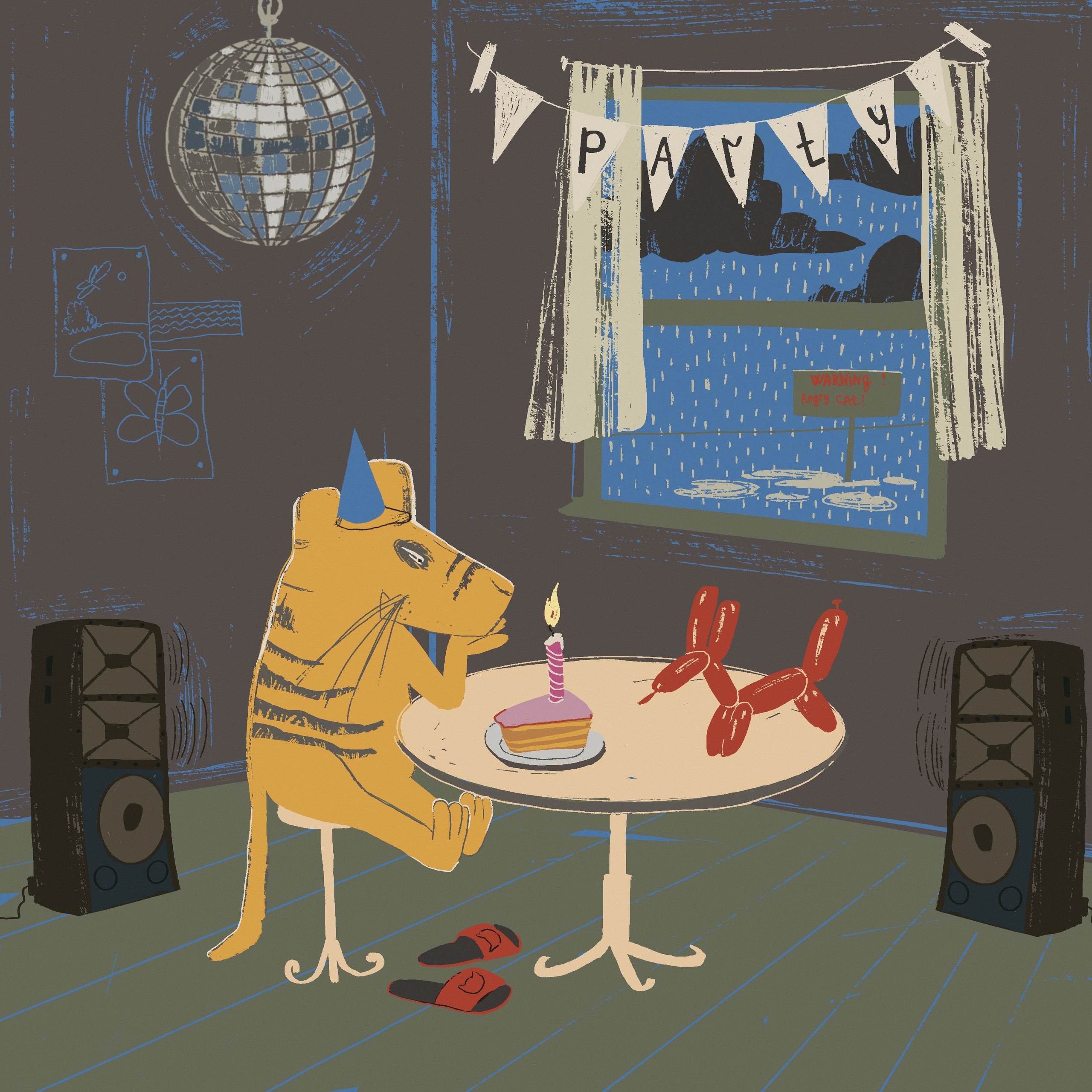 Детская иллюстрация Криминального Киса, где он празднует день рождение в одиночестве