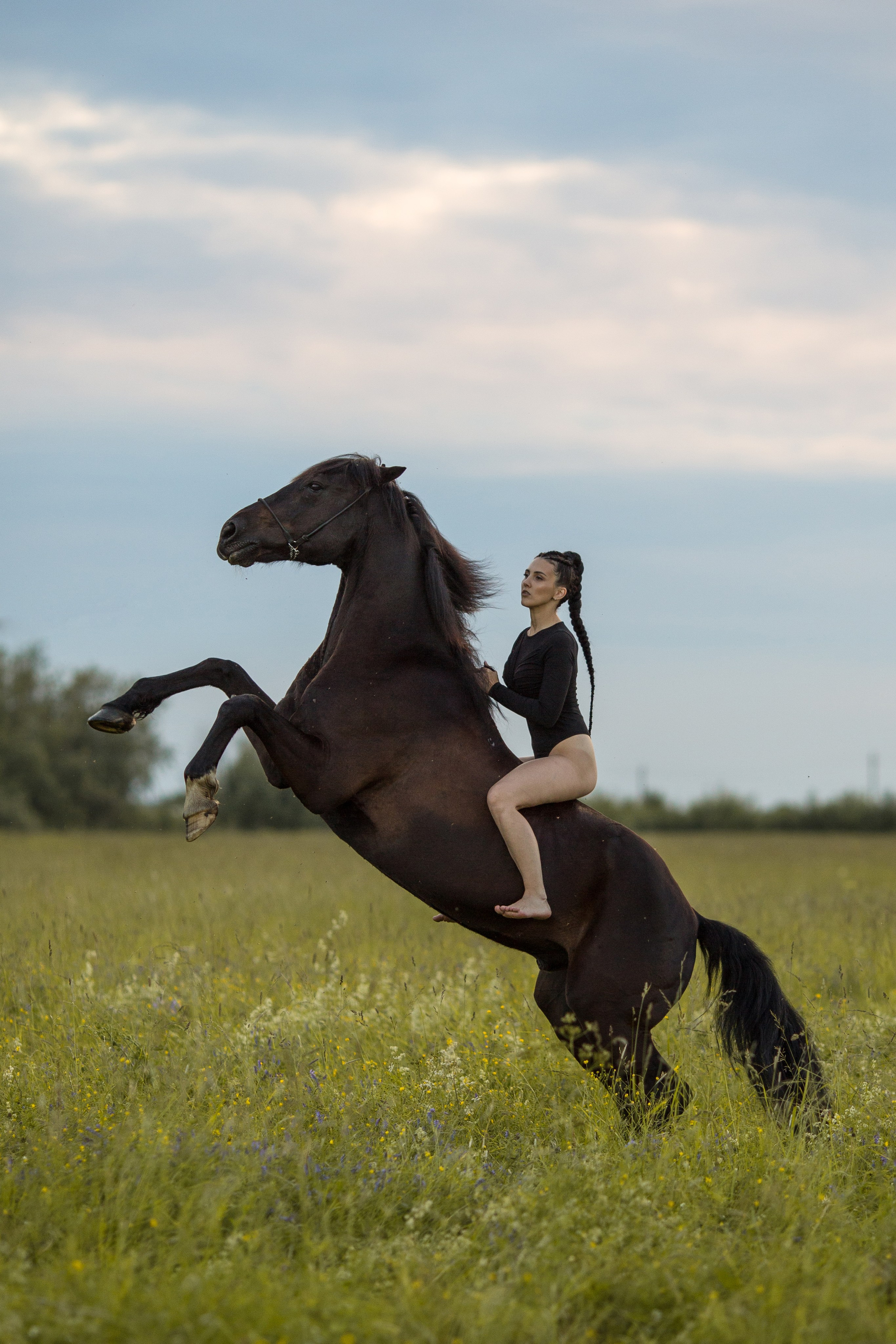 Фотосессия с лошадью в купальнике в поле