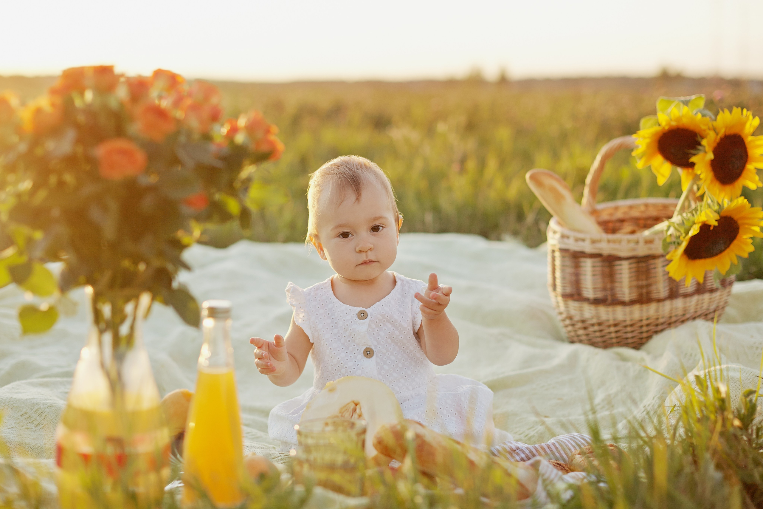 маленькая девочка в белом платье сидит на пледе с розами, подсолнухами и с апельсиновым соком