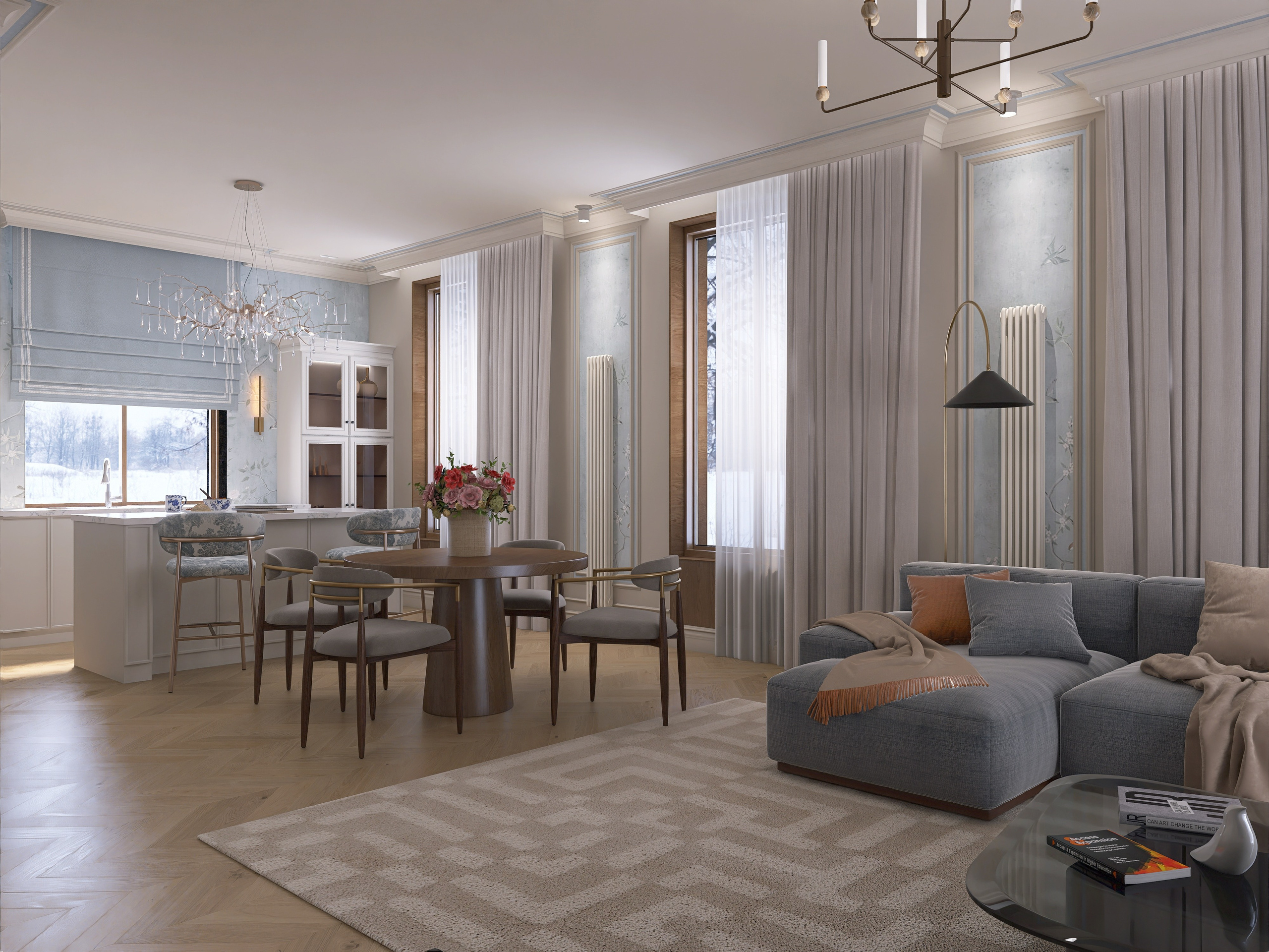 Обеденная зона в кухне-гостиной частного дома, круглый стол, мягкие стулья, паркет елка, неоклассический интерьер