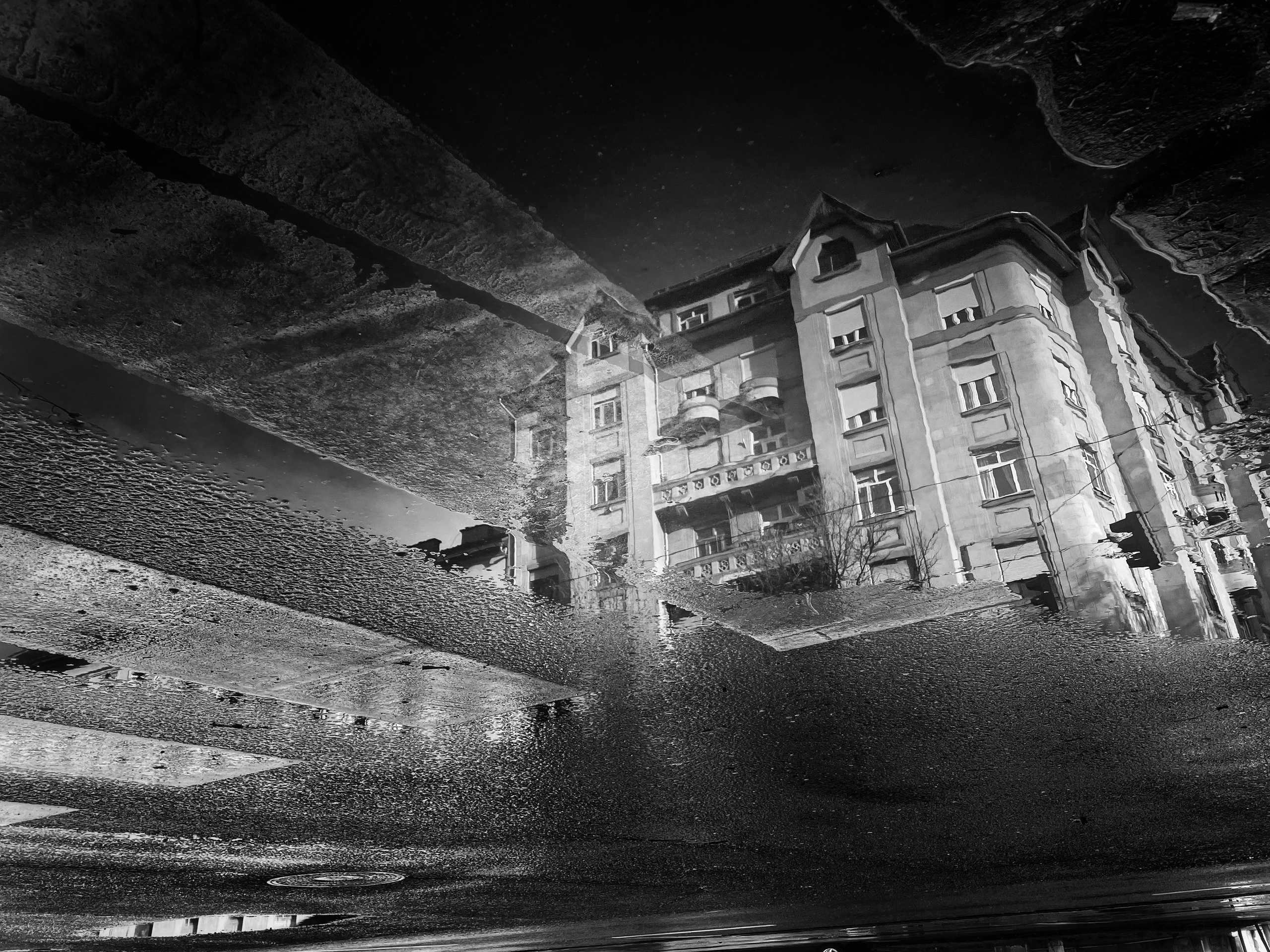 reflection of a house in a puddle