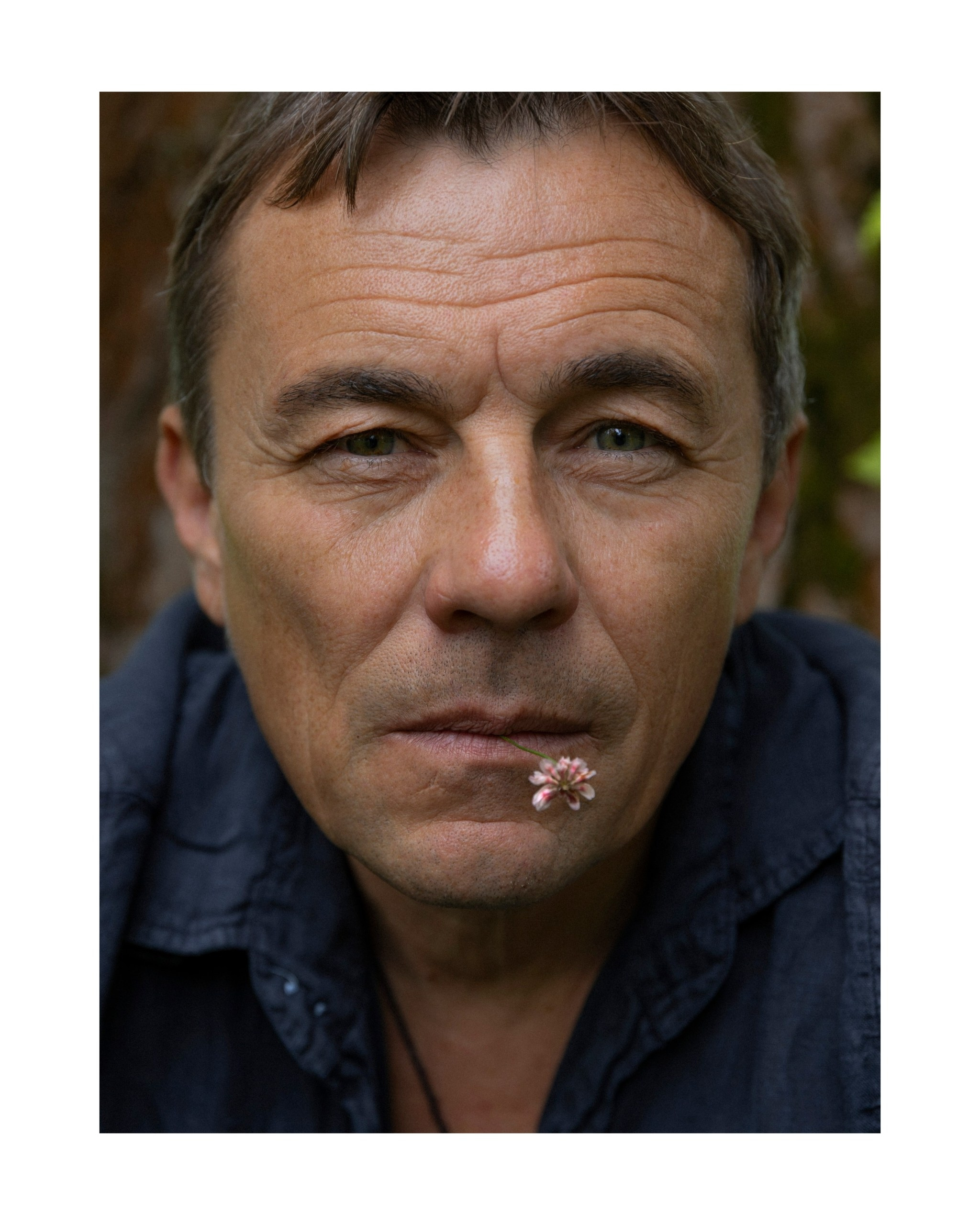 мужчина с цветком ромашкой  во рту