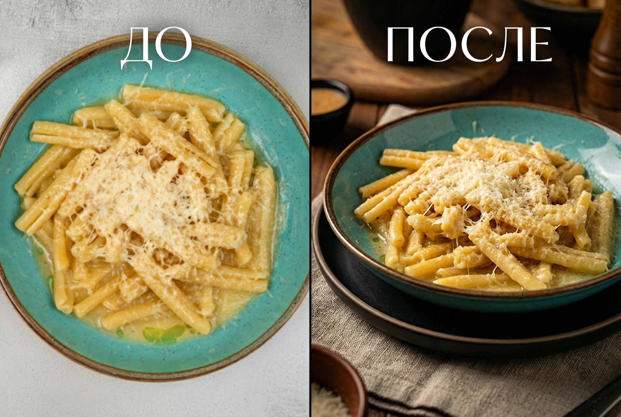 Пример работы AI: паста до и после превращения в яркую рекламную картинку.