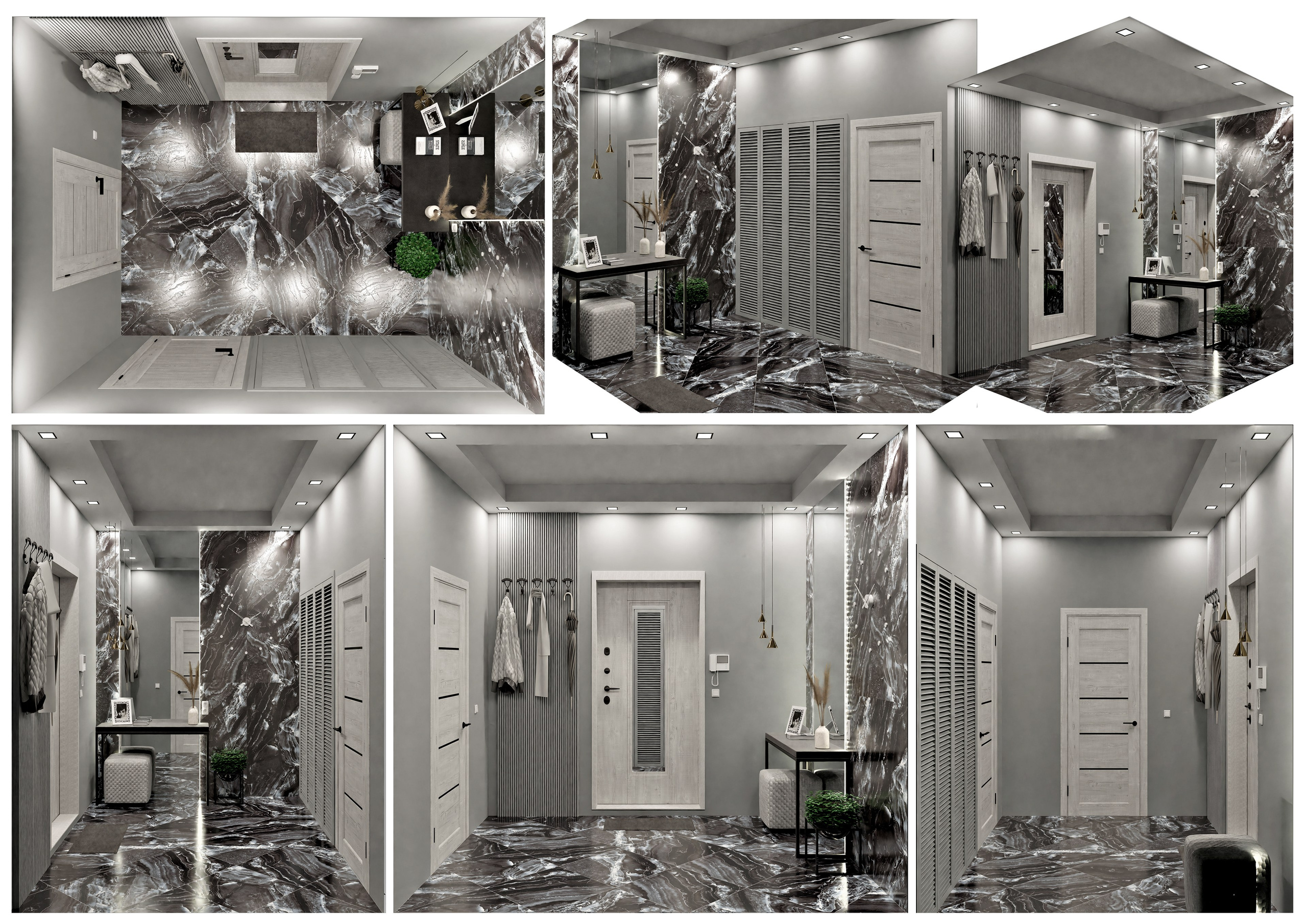 Коллаж 3d визуализации квартиры, по дизайн проекту. Выполнен в металических оттенках.