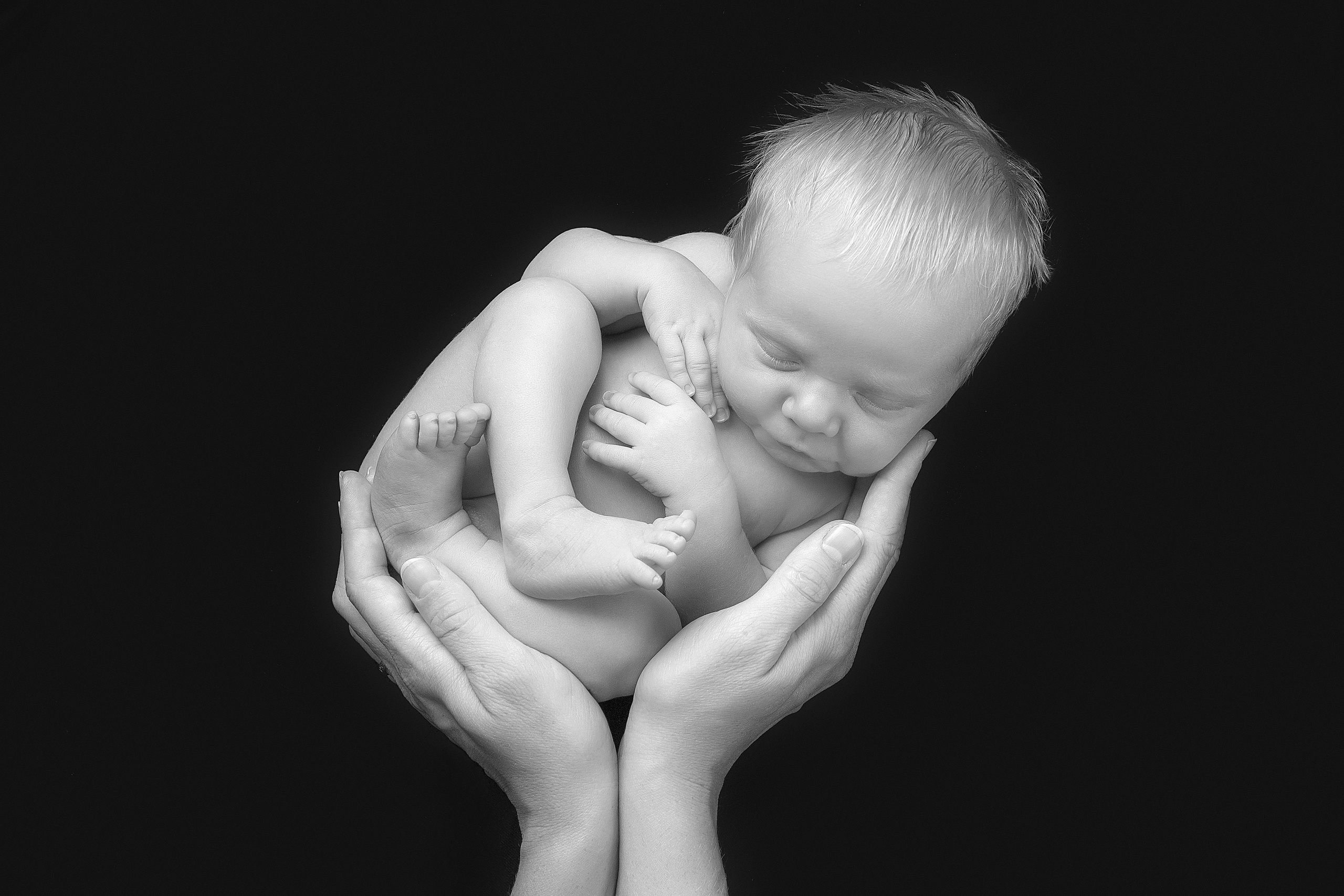 черно-белое фото младенца в ладошках мамы