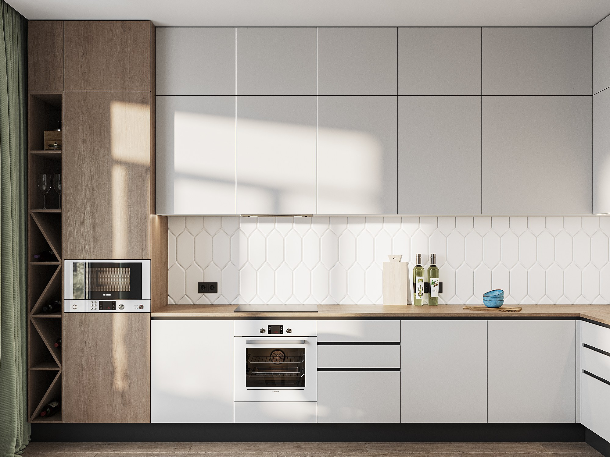 Современная кухня-гостиная с минималистичным дизайном и светлыми тонами