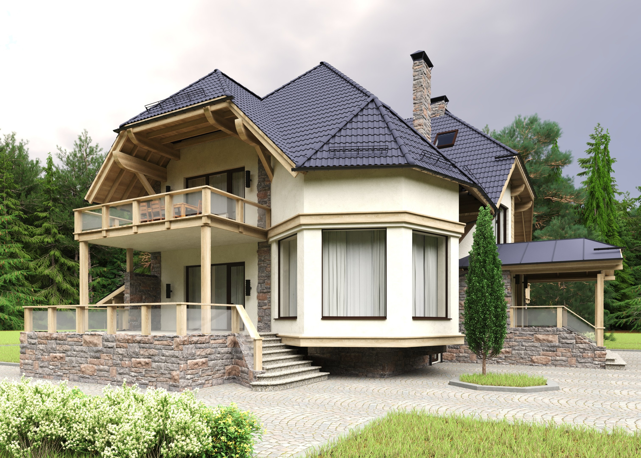 Дом с эркером. Сочетание разных фактур при отделке фасада.