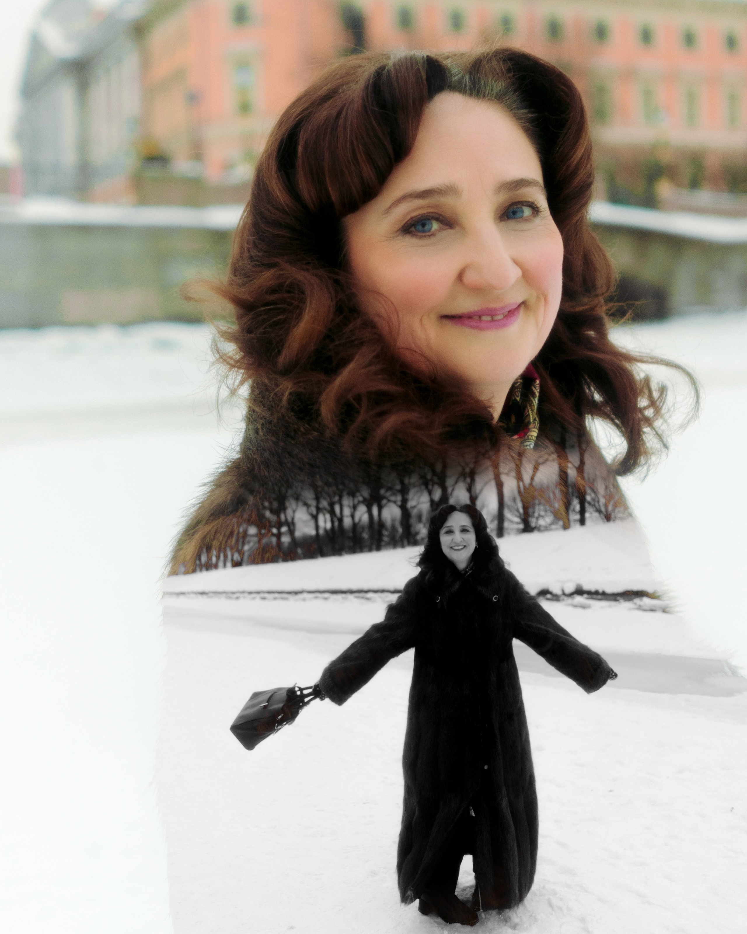 Двойная экспозиция: элегантная женщина 50+ и силуэт на зимнем льду, Санкт-Петербург, авторская художественная фотосессия.