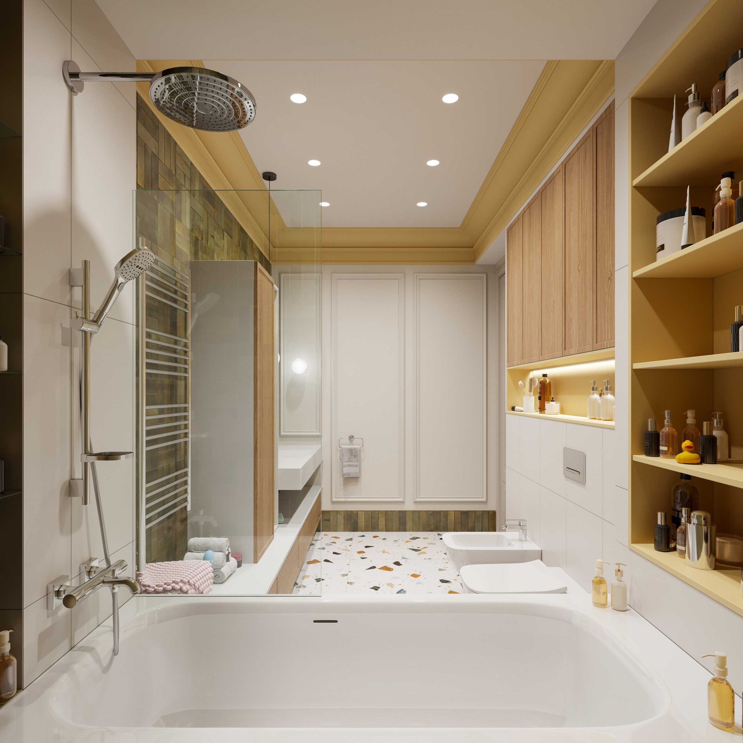 3D визуализация ванной для детей с контрастной плиткой и закругленными углами