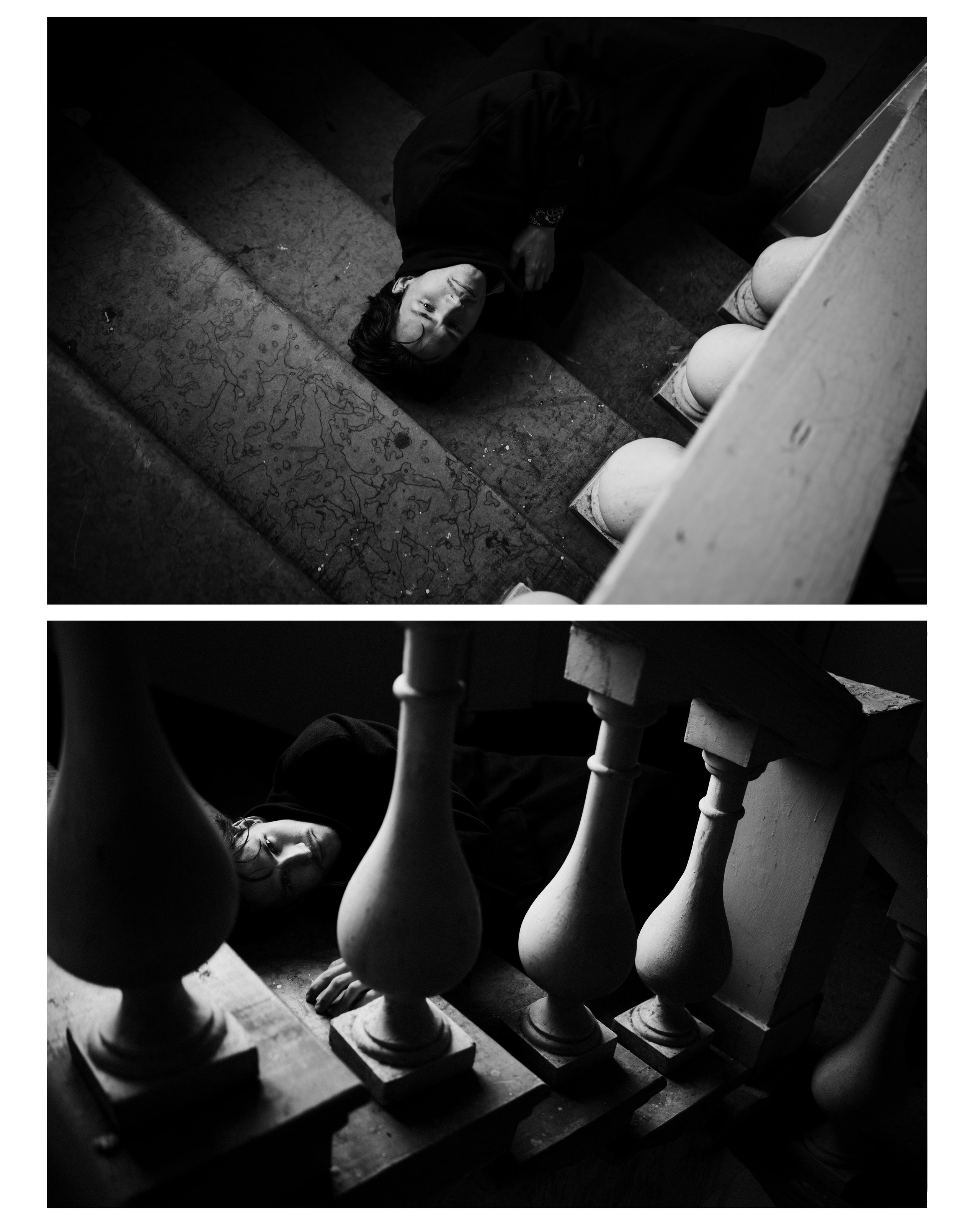 портретная съемка мужчины лежащего на лестнице в парадной доходного дома