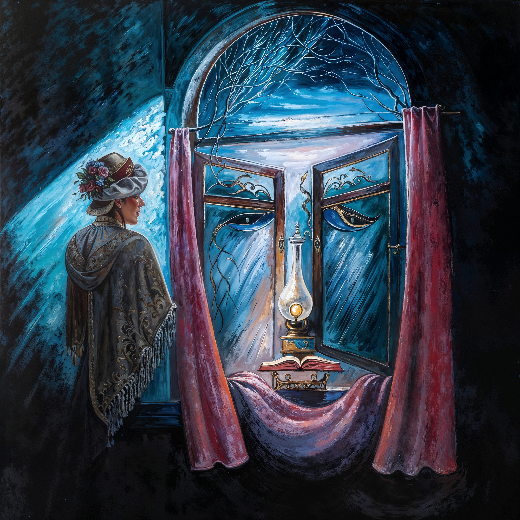 Иллюзорный портрет, созданный из элементов окна, штор и лампы. Женщина в шляпе смотрит на ночь за окном. Работа вдохновлена произведениями Олега Шупляка, обработана и усилена нейросетями.