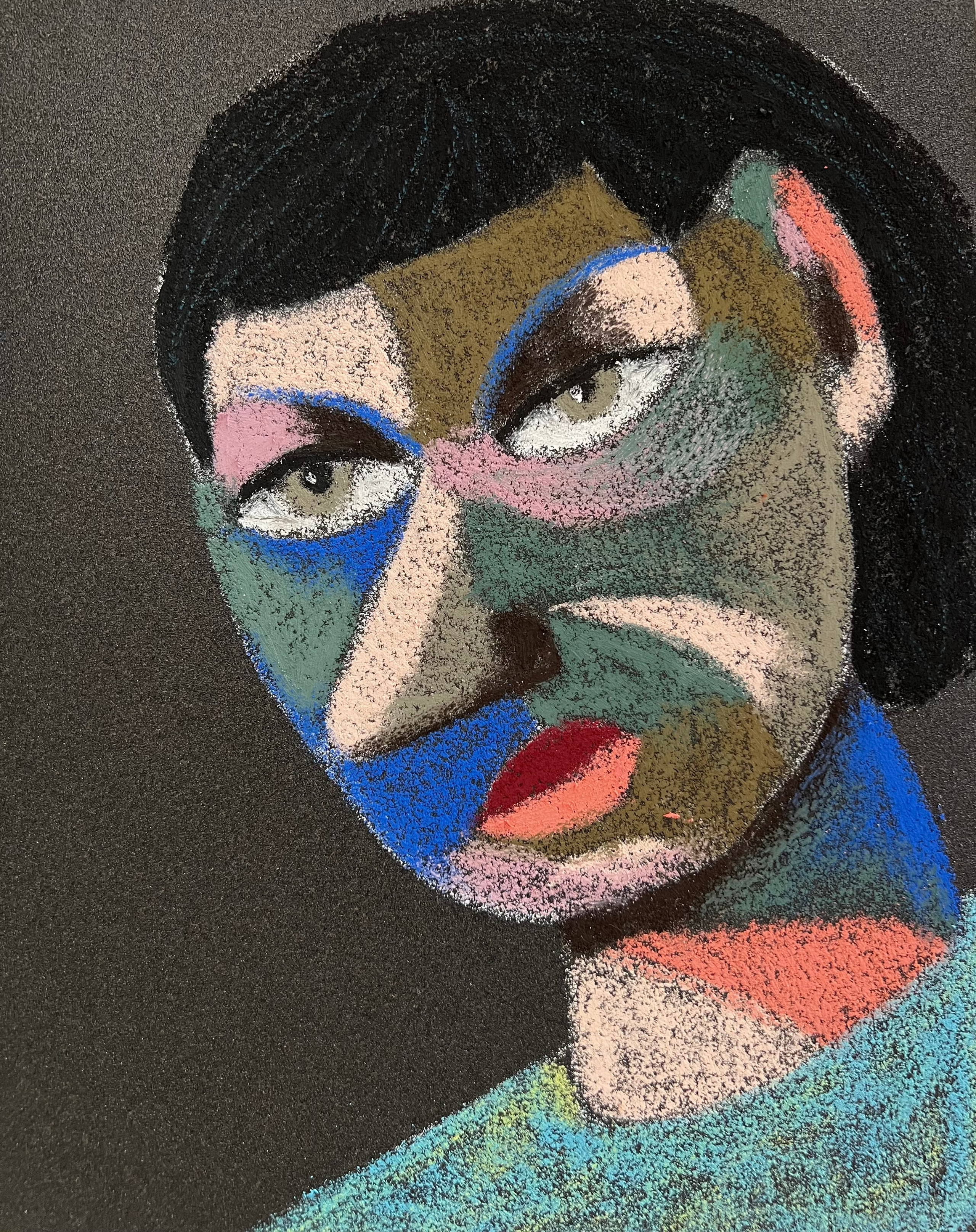 Title: Gossip Material: Oil pastel, sandpaper Size: 28 x 23 cm 