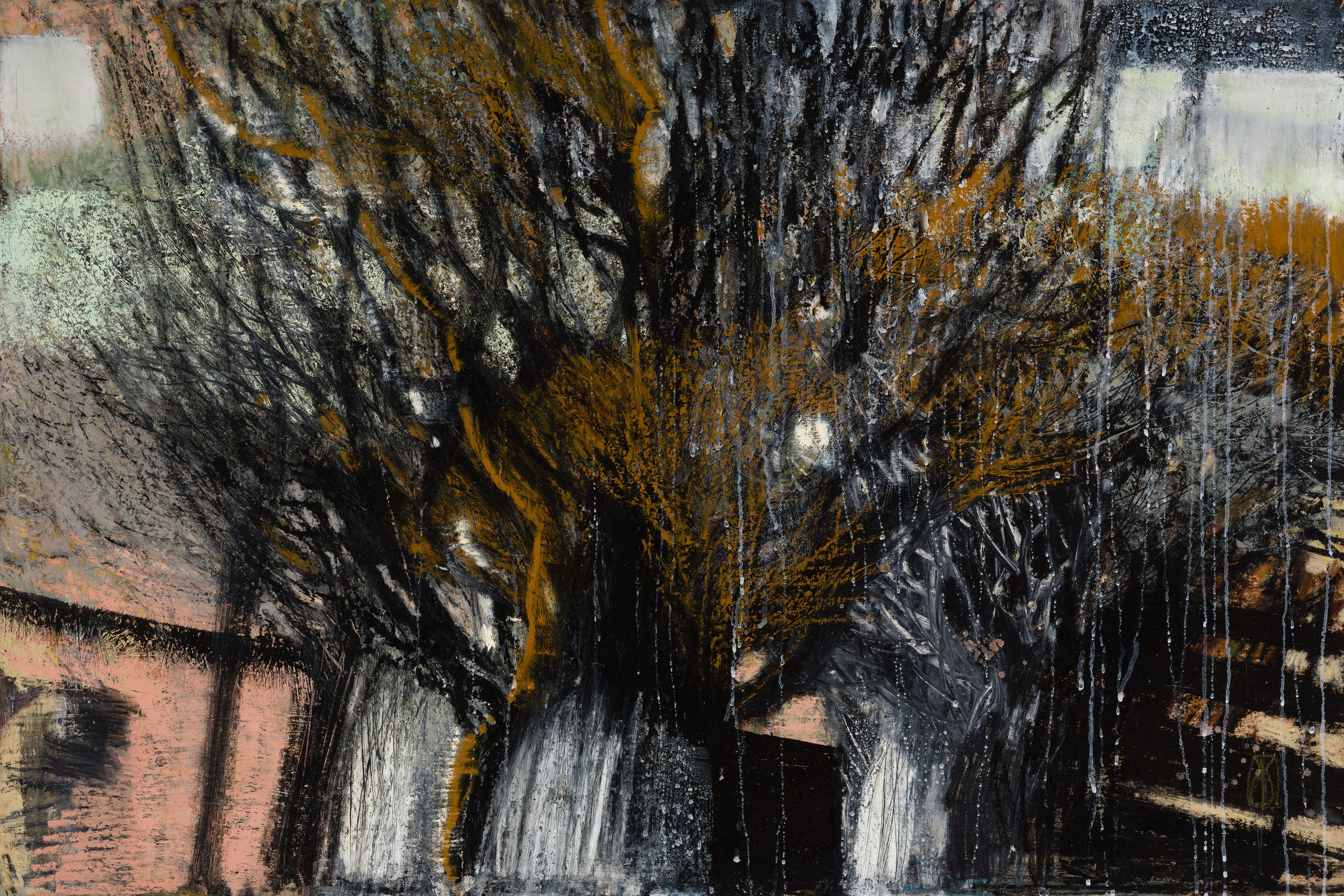 «Осень. Дождь» - художник Лариса Блохина (картон, смешанная техника, 79x119 см, 2023)