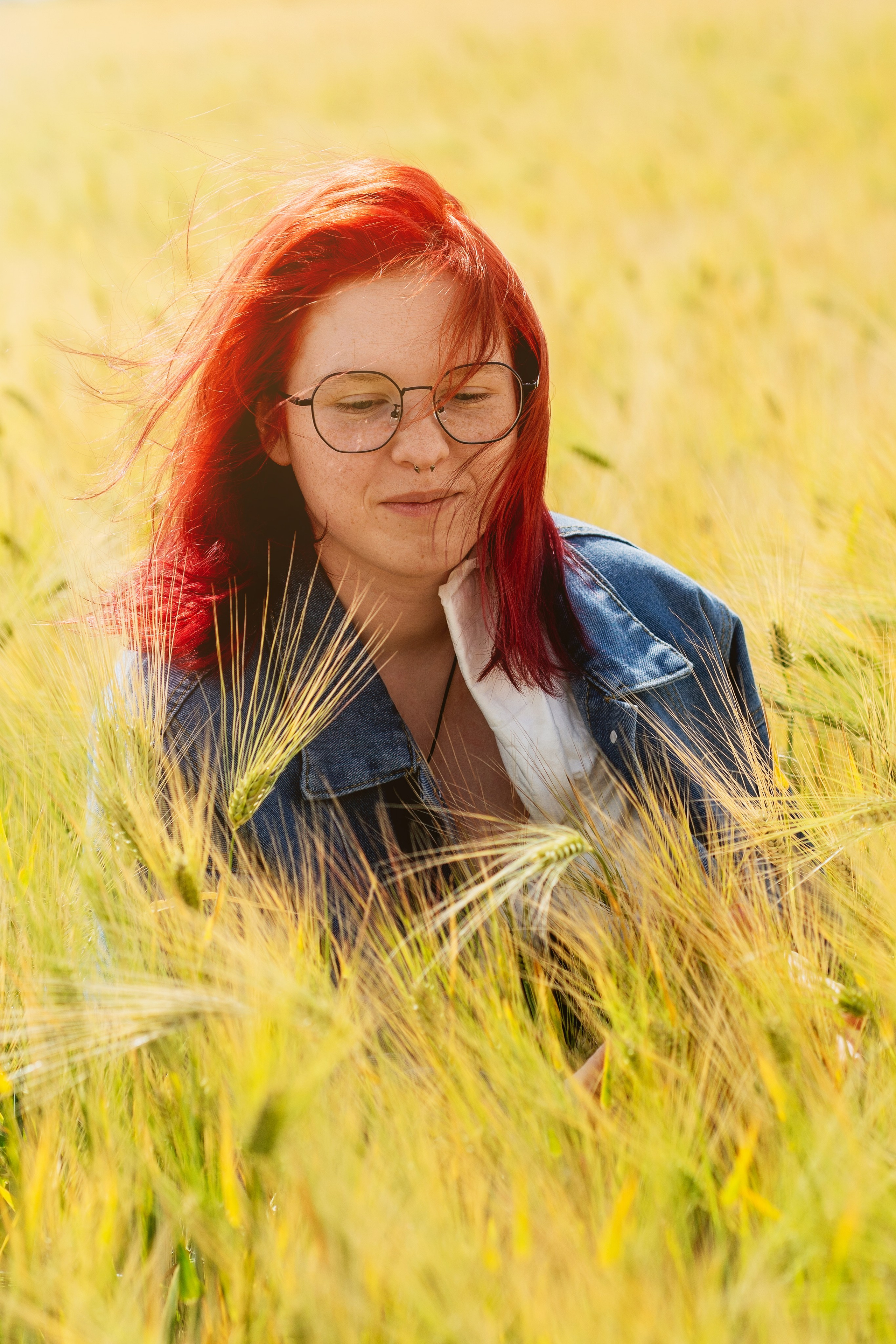 рыжие волосы, девушка, пшеница, колоски