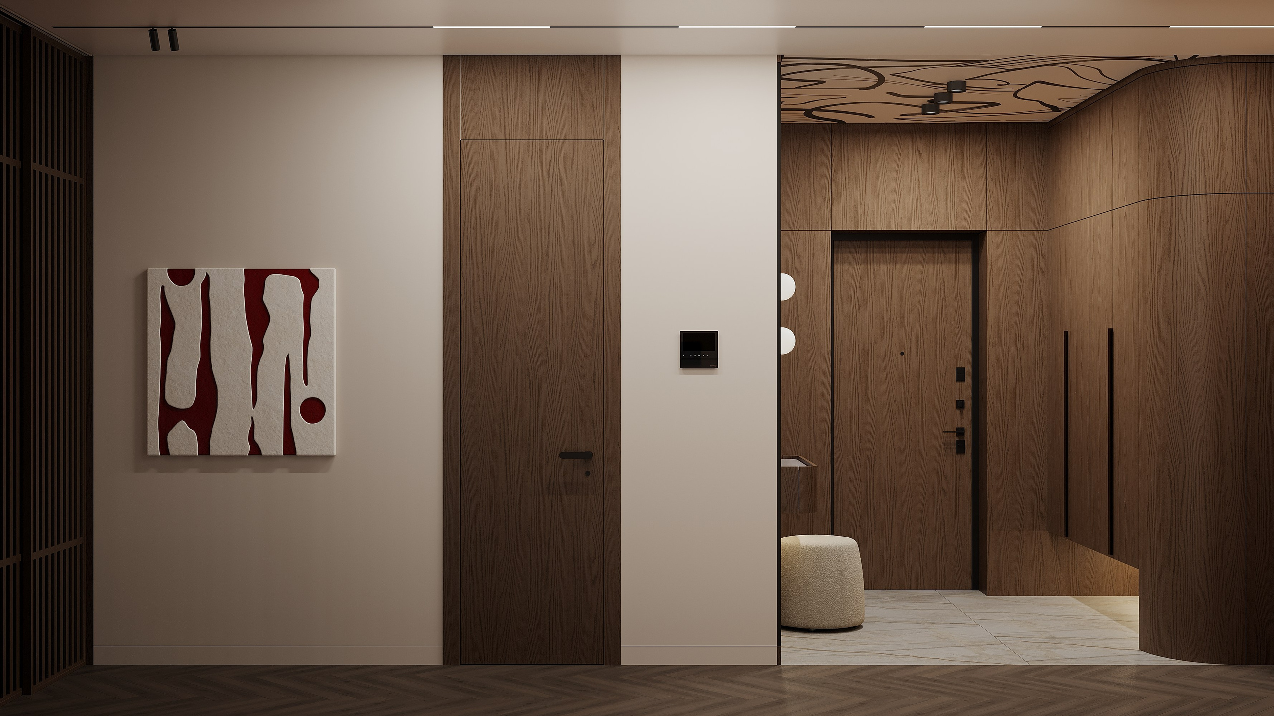 Прихожая в современном стиле в деревянных панелях  A modern style hallway with natural wood wall finishes