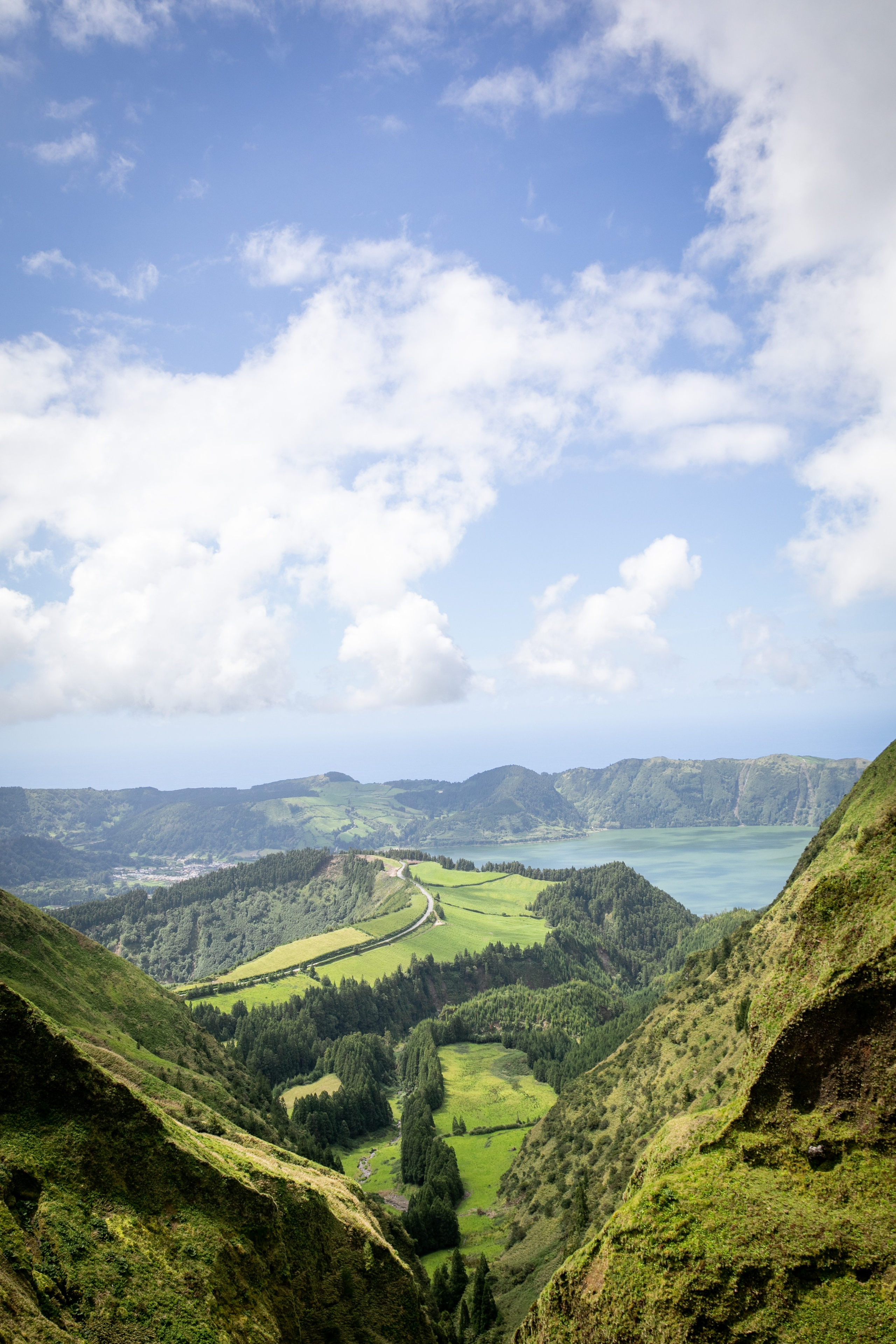 Lush green landscapes of the Azores, with rolling hills, colourful flowers, and the deep blue ocean in the distance