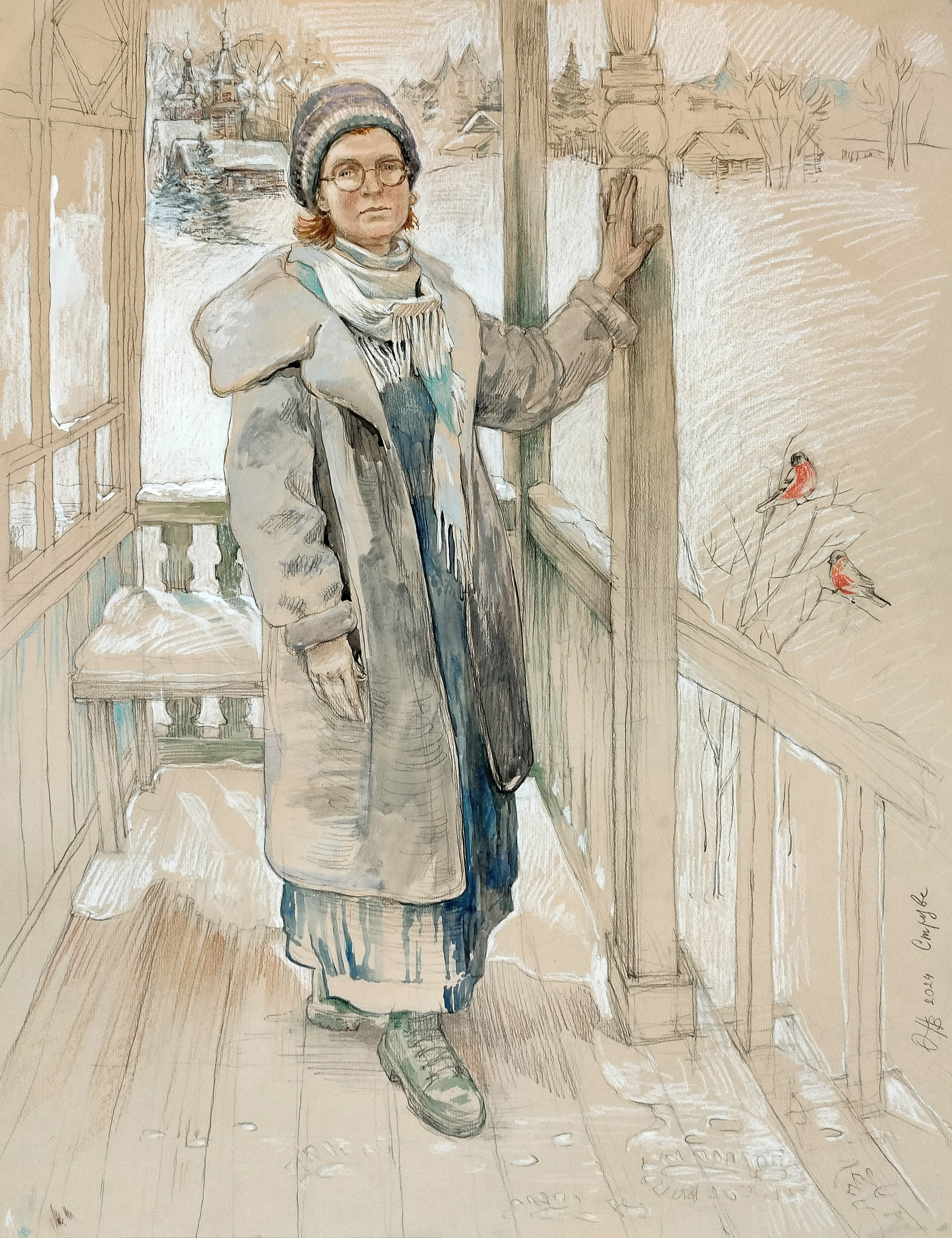 Портрет Романовой М.Г. Снегири. Тонированная бумага, смешанная техника. 2024