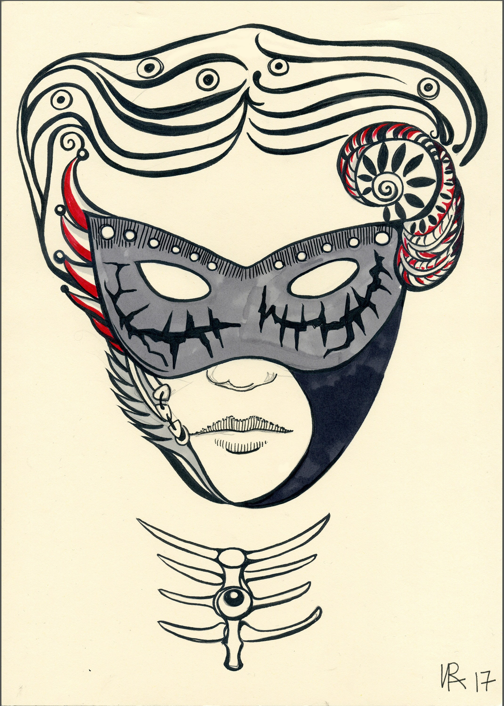 Маска. Бумага, линеры, маркеры. Формат А4.