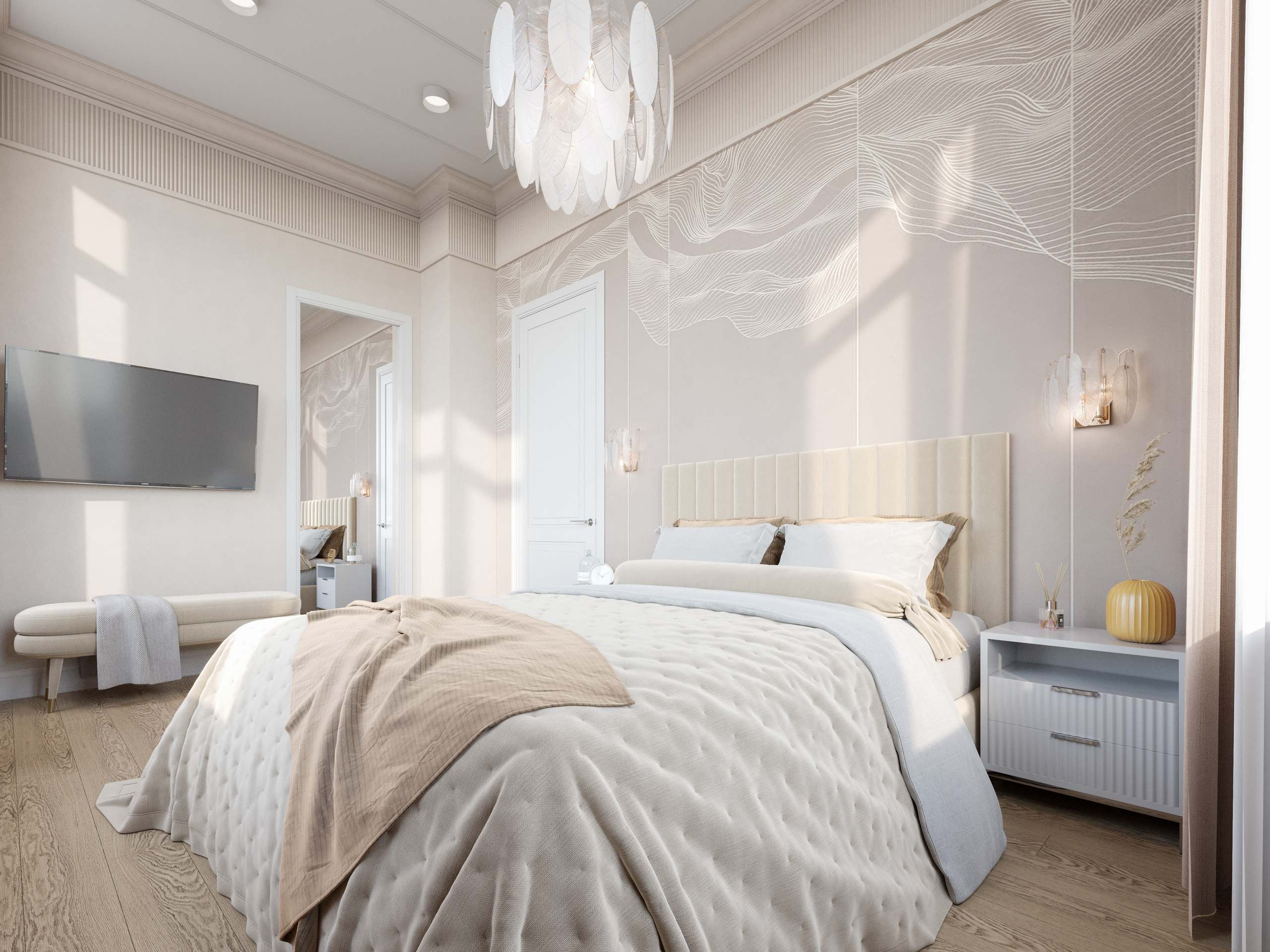 Уютная и респектабельная спальня-мечта в стиле современной классики, наполненная спокойствием и светом.