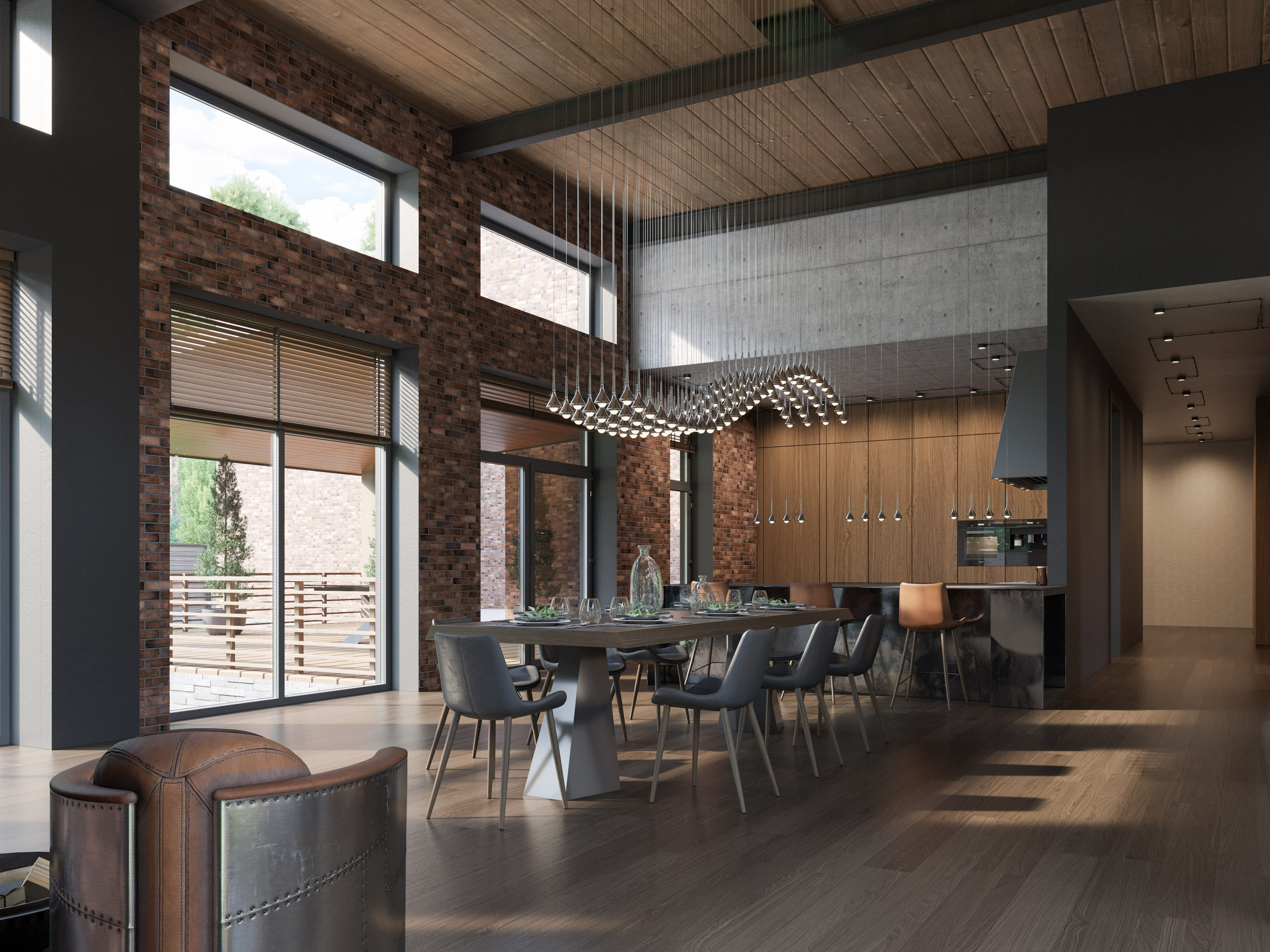Столовая зона с высокими потолками и металлическими балками