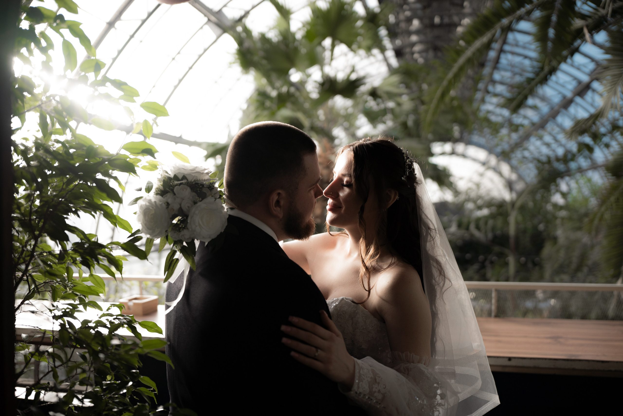 Свадебная фотография в Оранжерее Таврического сада Санкт-Петербурге. Жених Целует невесту в лучах солнца. Съемка зимой