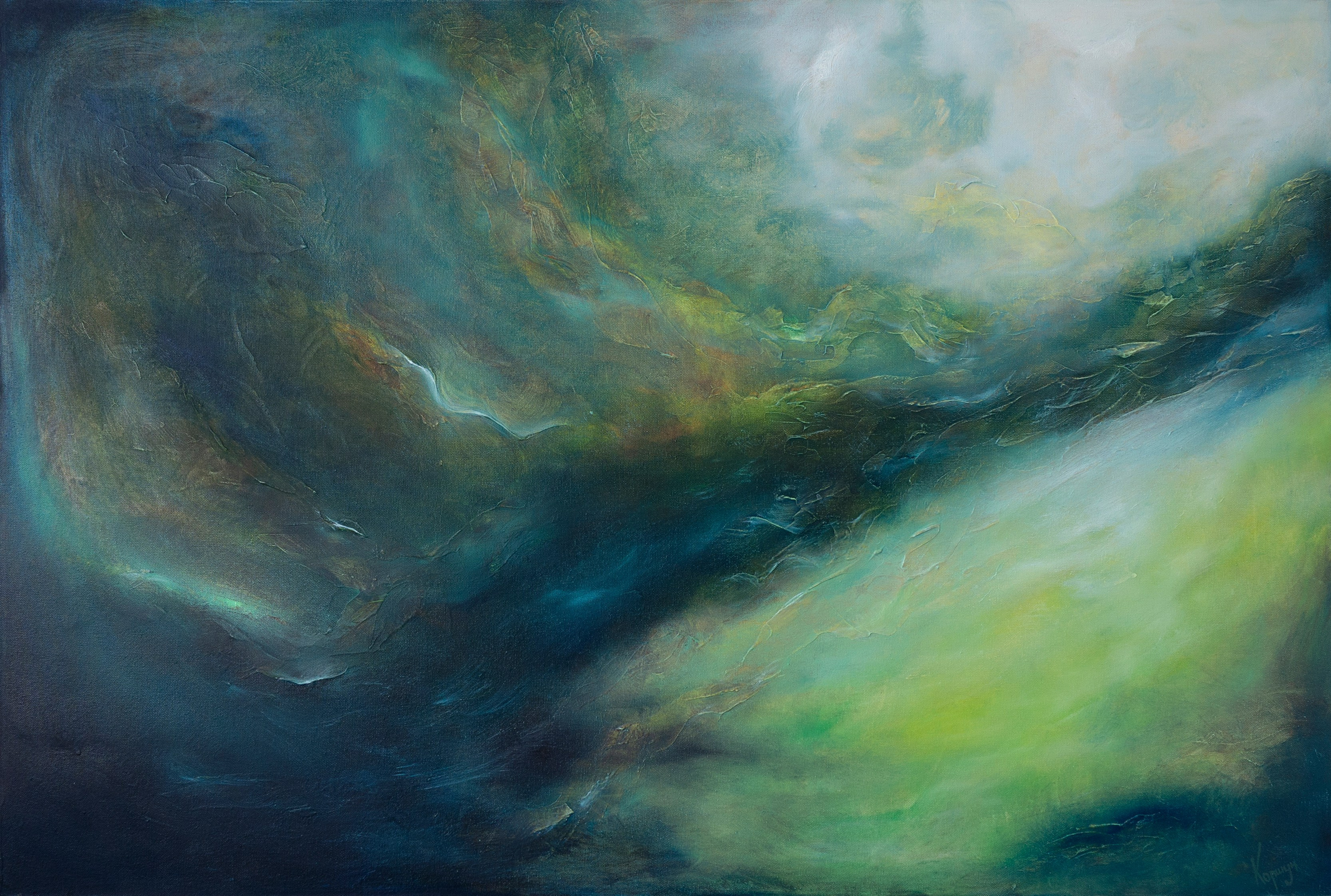 Abstract oil painting of deep green and blue swirling shapes. Pavel Korshun — Contemporary Plein Air