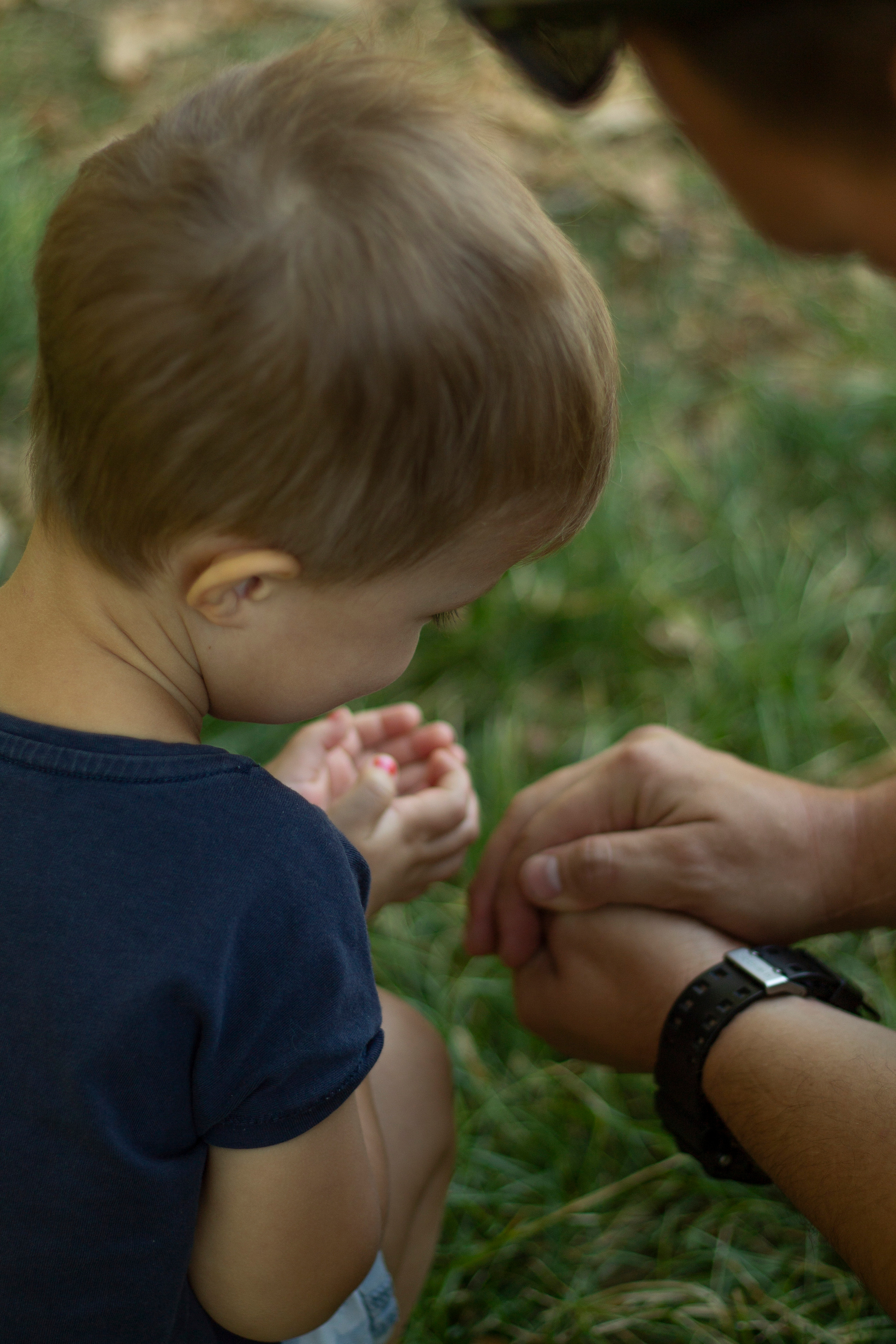 папа держит в руках кузнечика и показывает своей маленькой дочери в парке