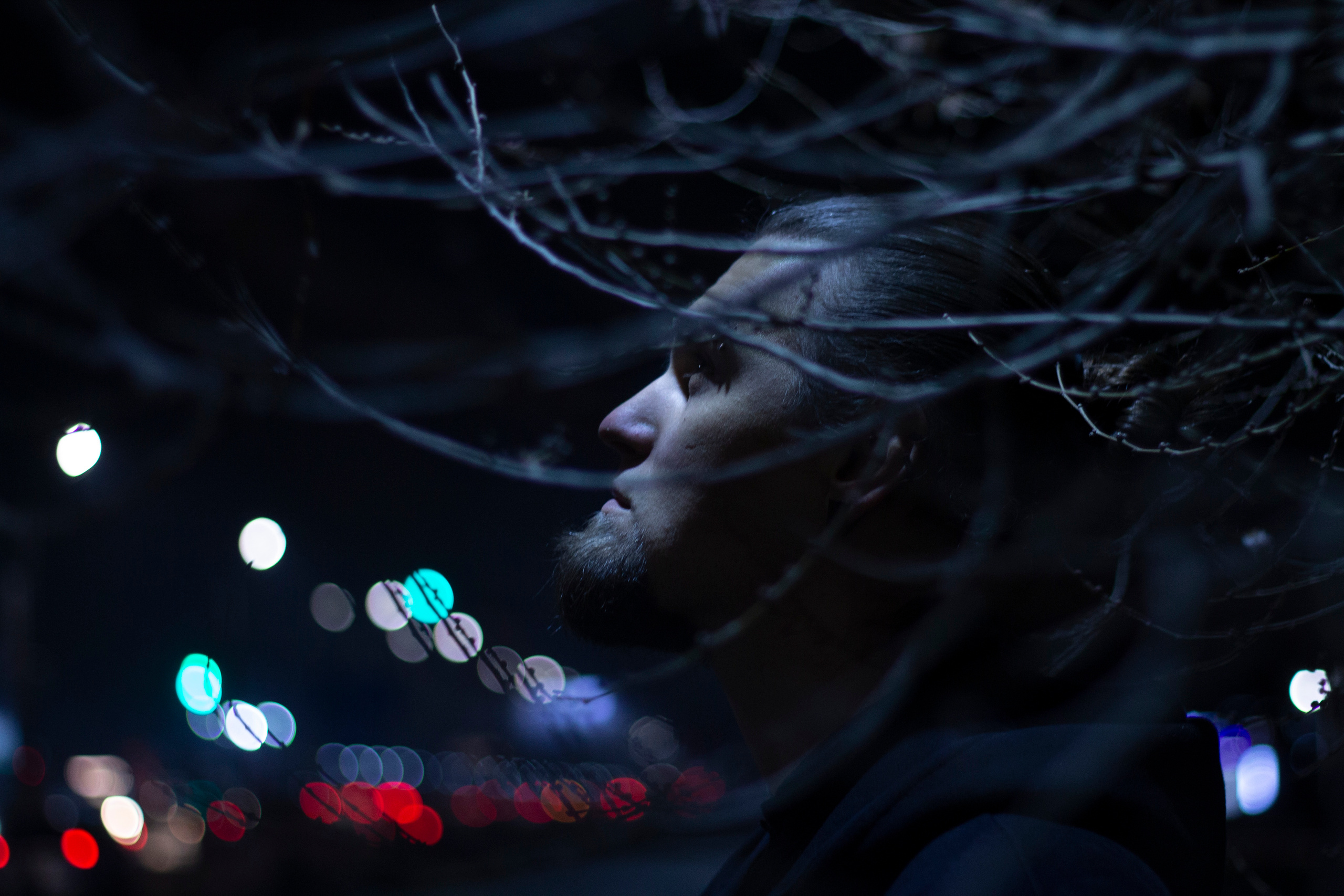 Профиль мужчины с бородой в ночном городе через ветви зимнего дерева