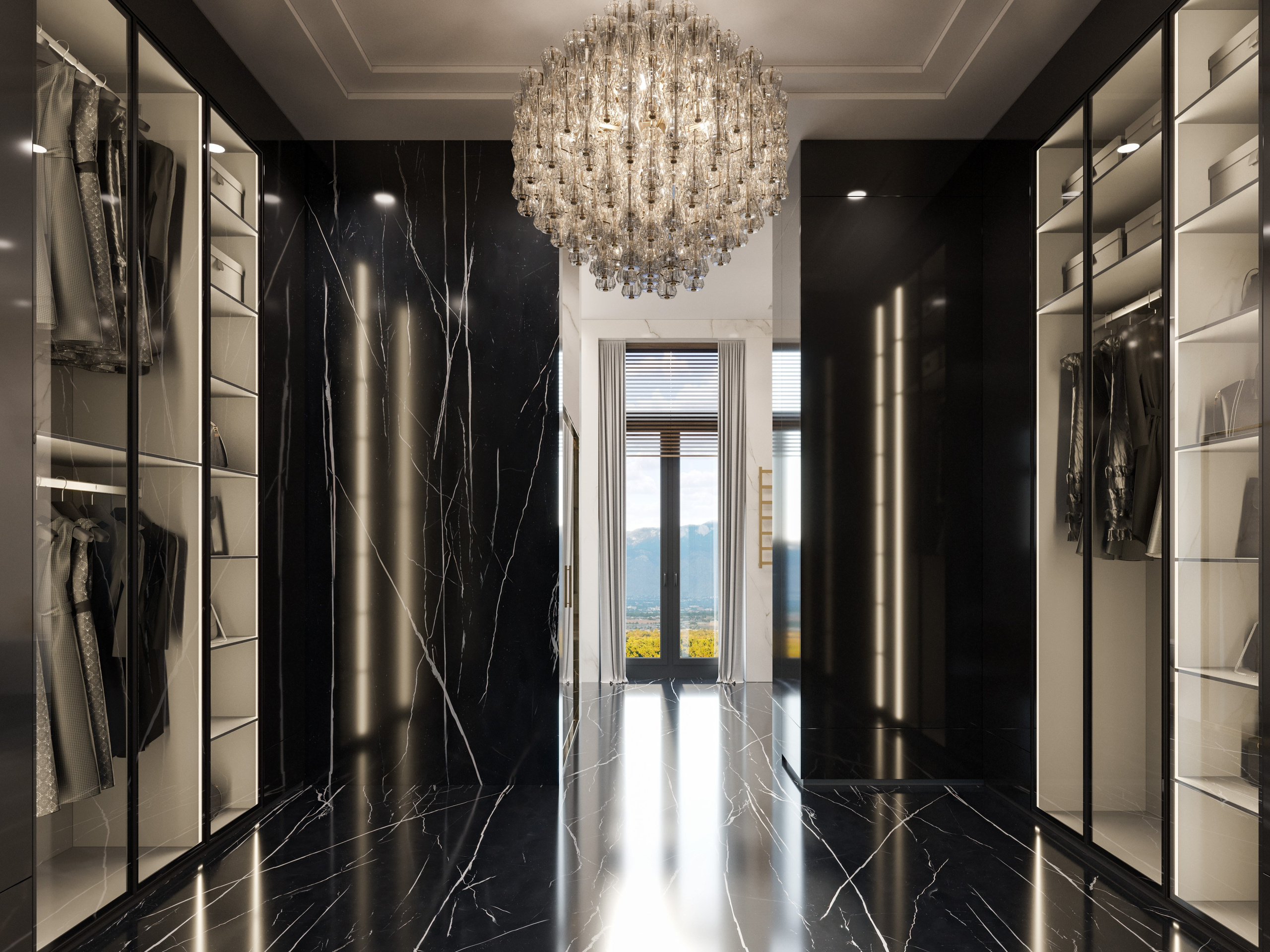 Гардеробная зона с черными шкафами и прозрачным фасадами