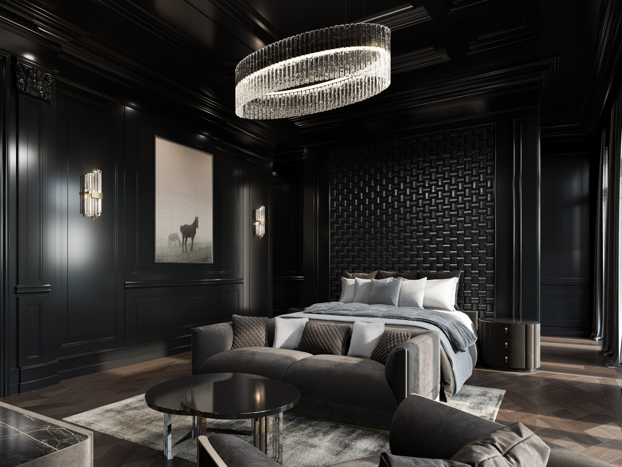 3D визуализация мужской спальни в черных тонах с классической лепниной на потолке