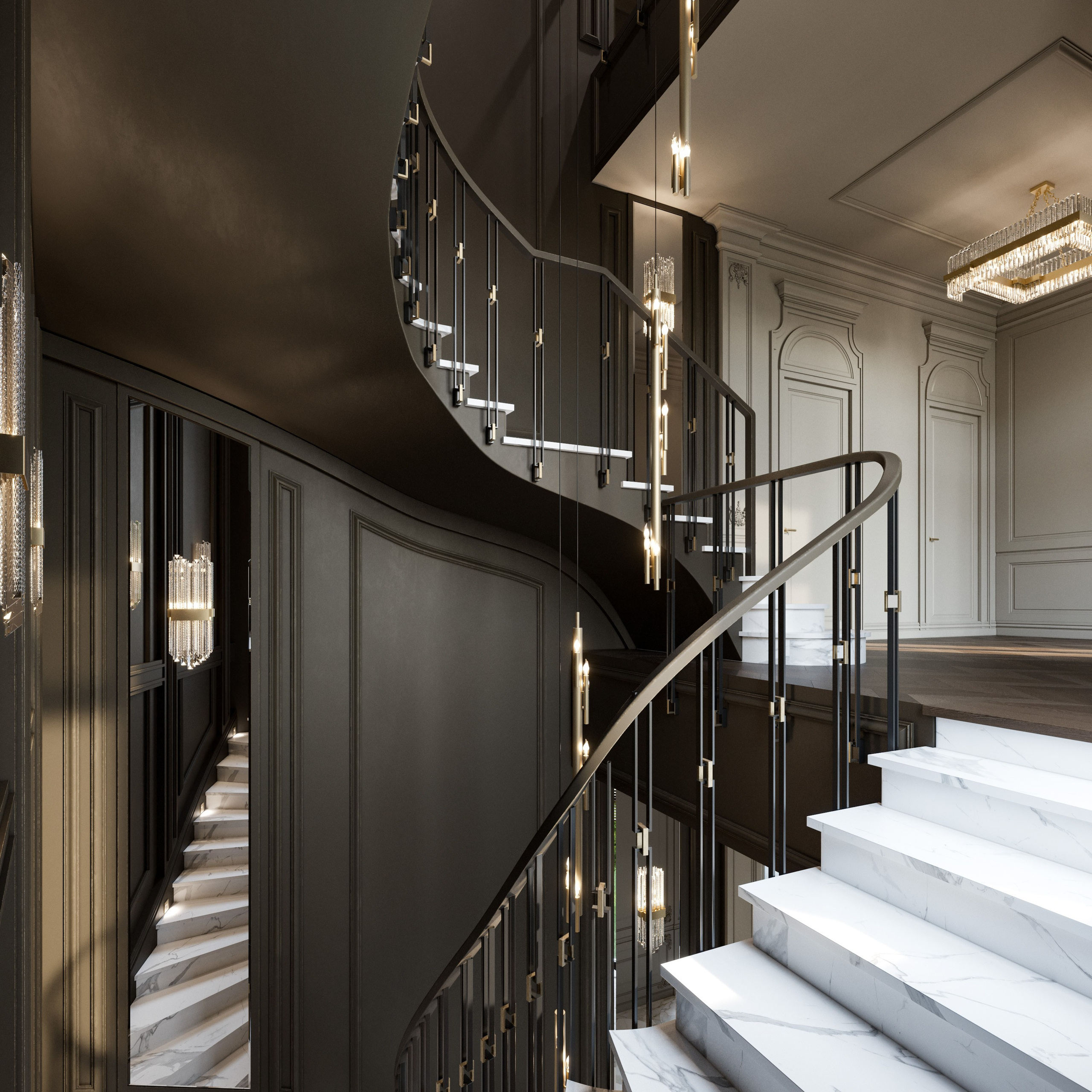 3D визуализация лестничного марша с мраморными ступенями и коваными ограждениями