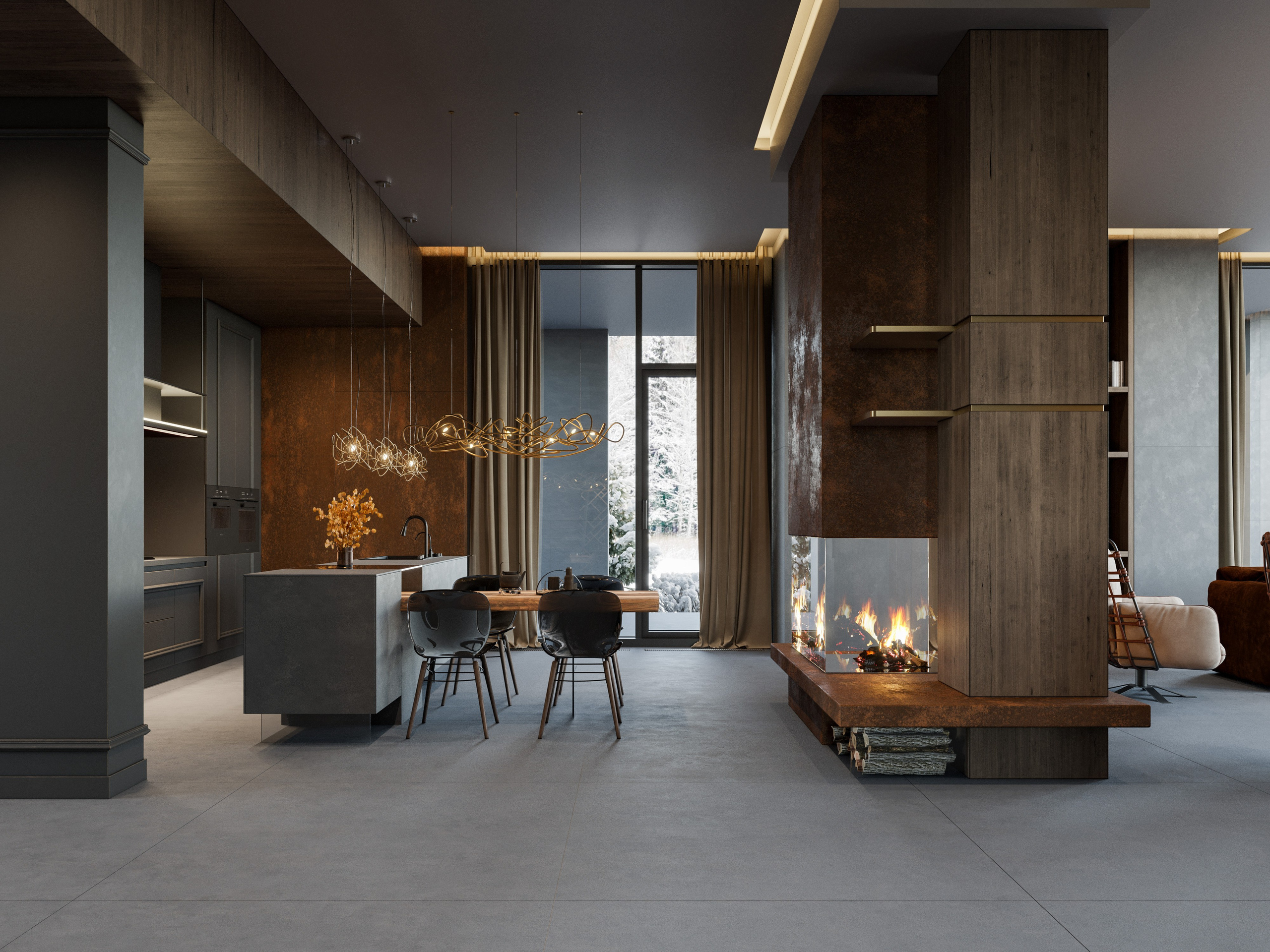 Темная гостиная с контрастным освещением и ржавой отделкой стен