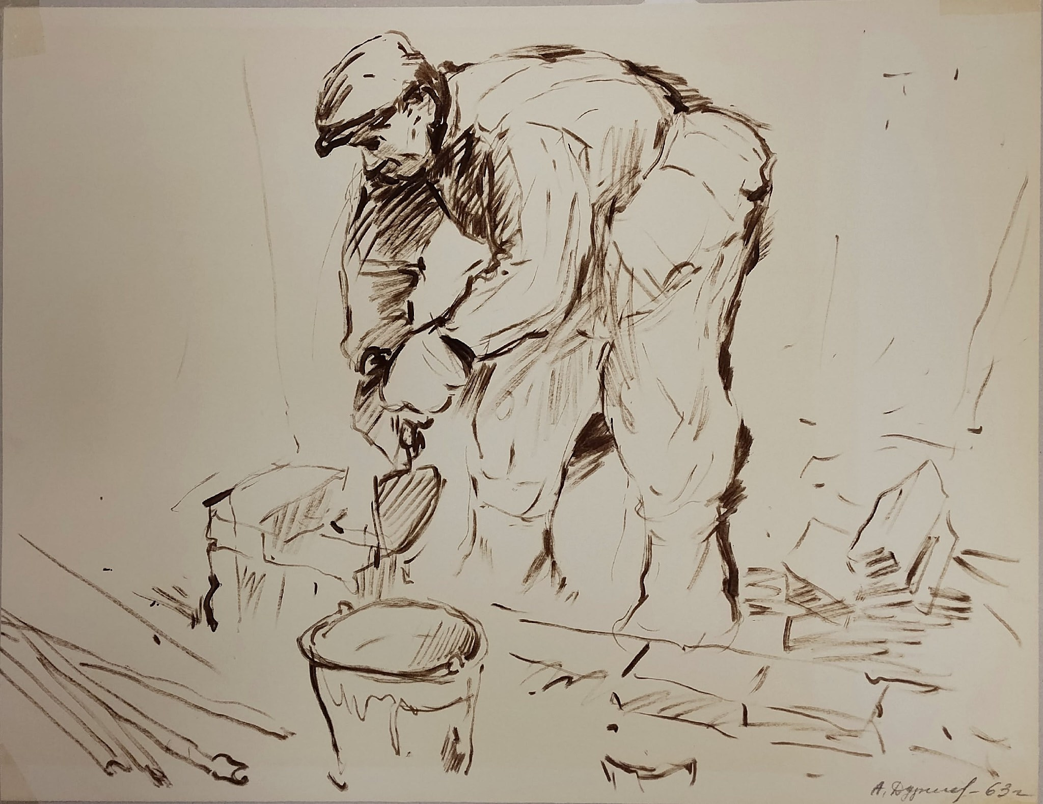 Александр Дудников "Каменщик" бумага, тушь, 1963 г.