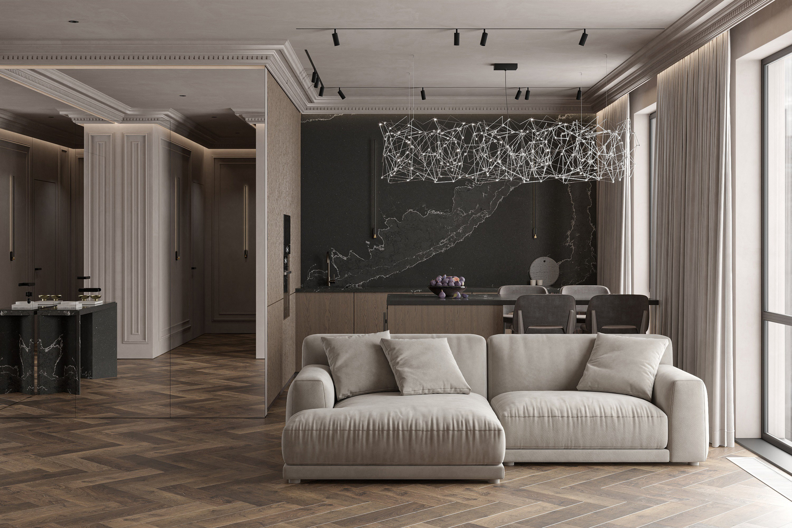 Гостиная 35 м² ЖК Павелецкая Сити. Ксения. 3D‑визуализатор