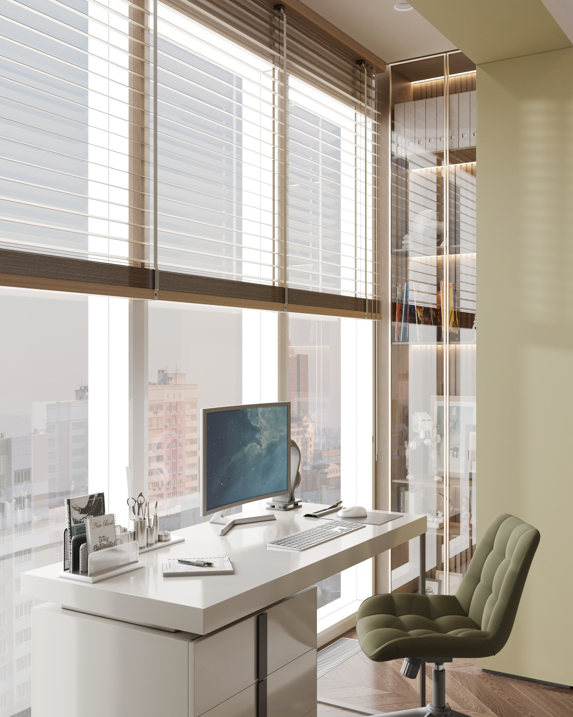 Светлая детская комната с рабочим местом у панорамных окон: белый стол с компьютером, оливковое кресло