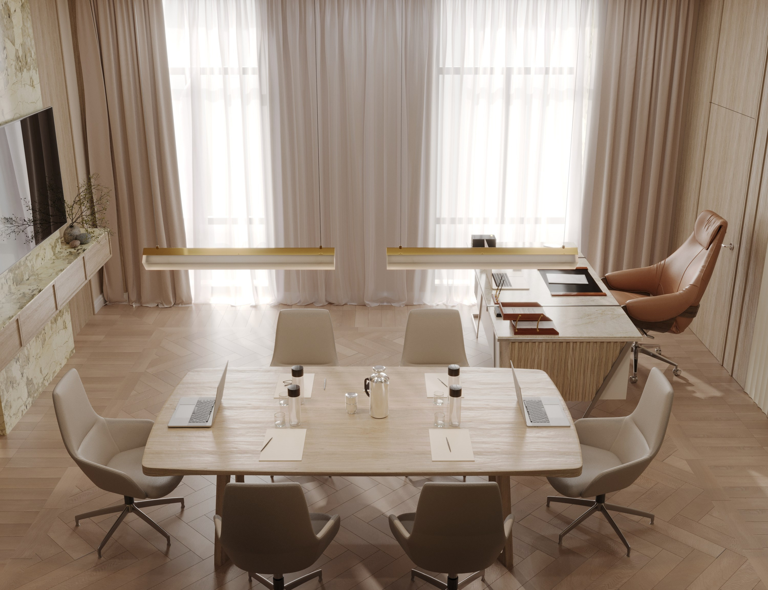 Вид на переговорный стол и рабочую зону кабинета директора