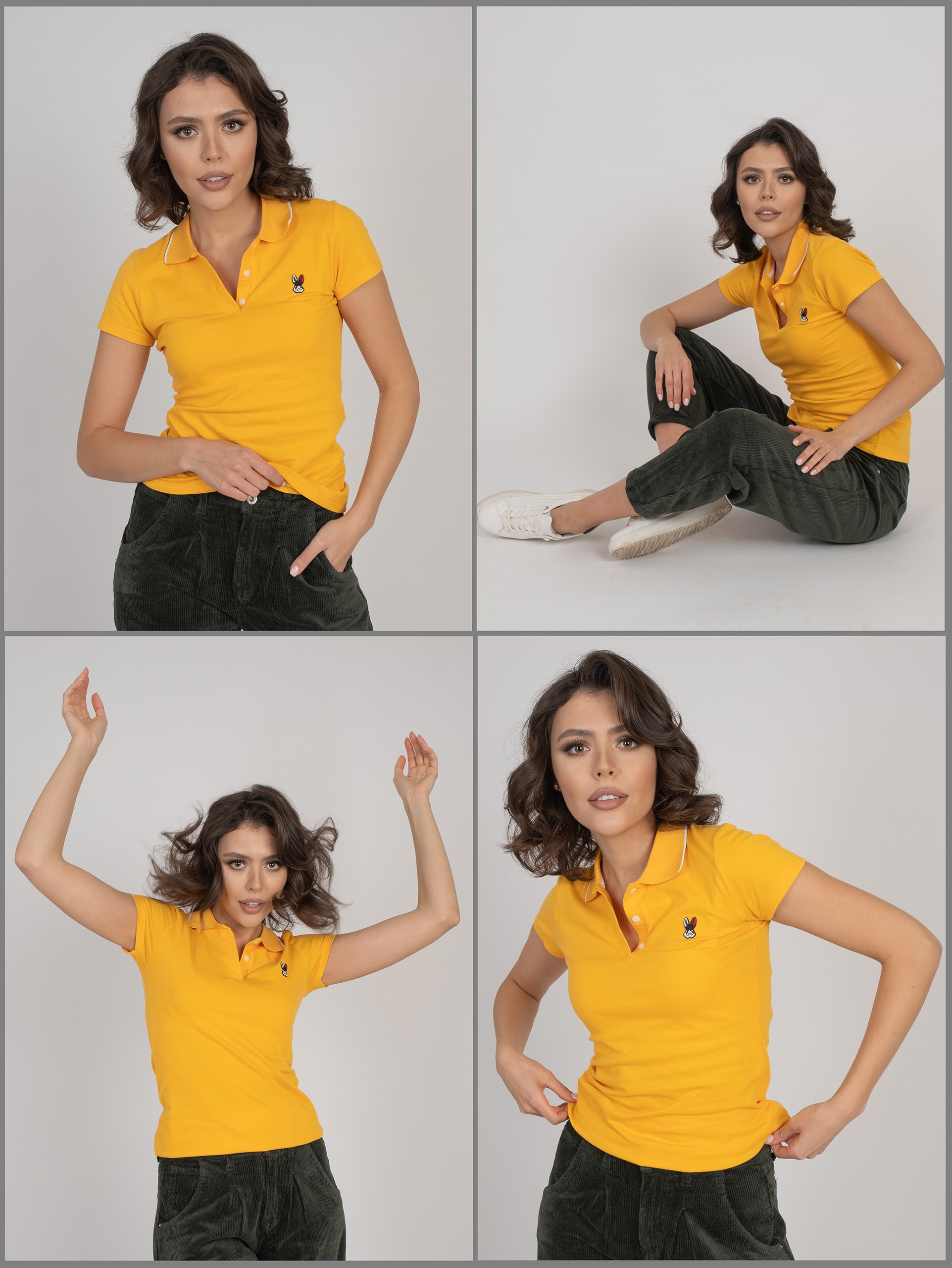 Девушка брюнетка в желтой рубашке поло на белом фоне. Фотосъемка модной одежды для маркетплейсов.