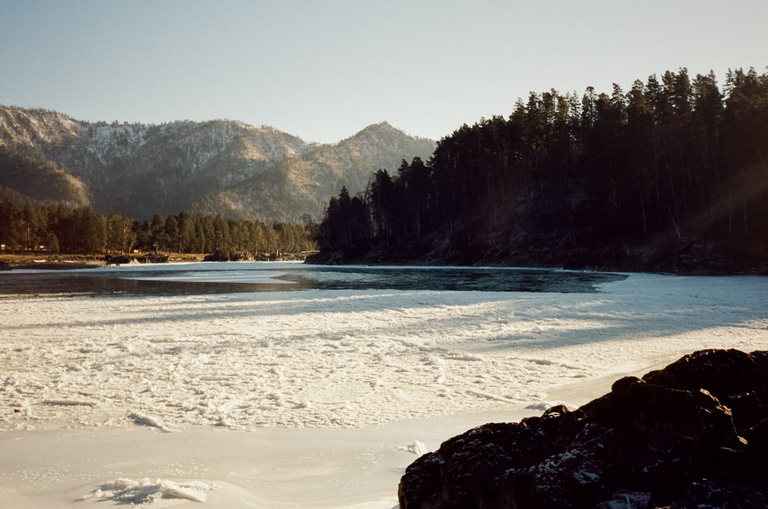 Зимняя Катунь: острова, льды, скалы у базы Берель. Зеленые сосны и. Фотограф-документалист Мария Осокина