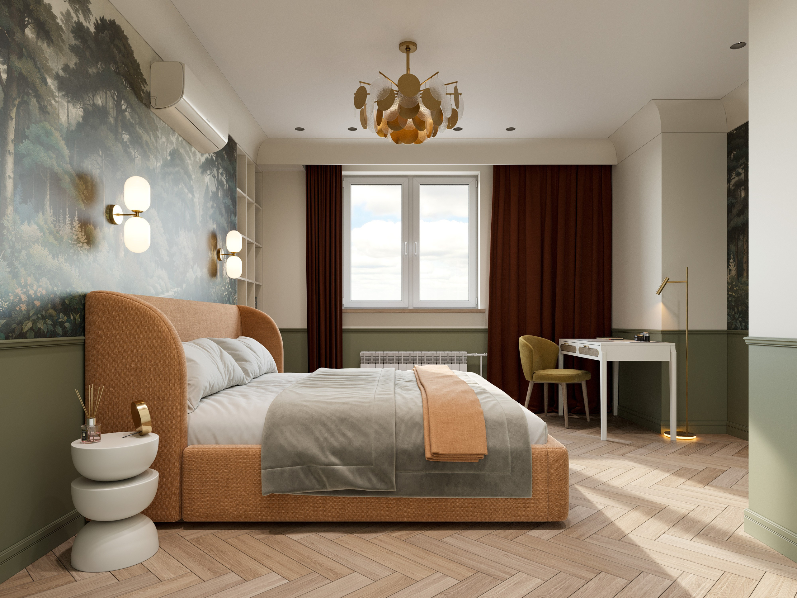 Спальня в теплых зеленых тонах с кроватью с рыжим изголовьем