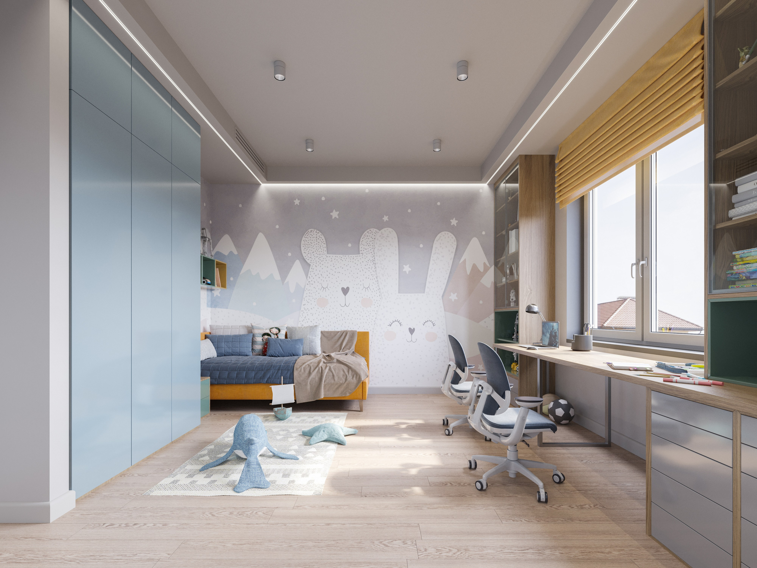 Визуализация детской комнаты для мальчика с большим столом для учёбы